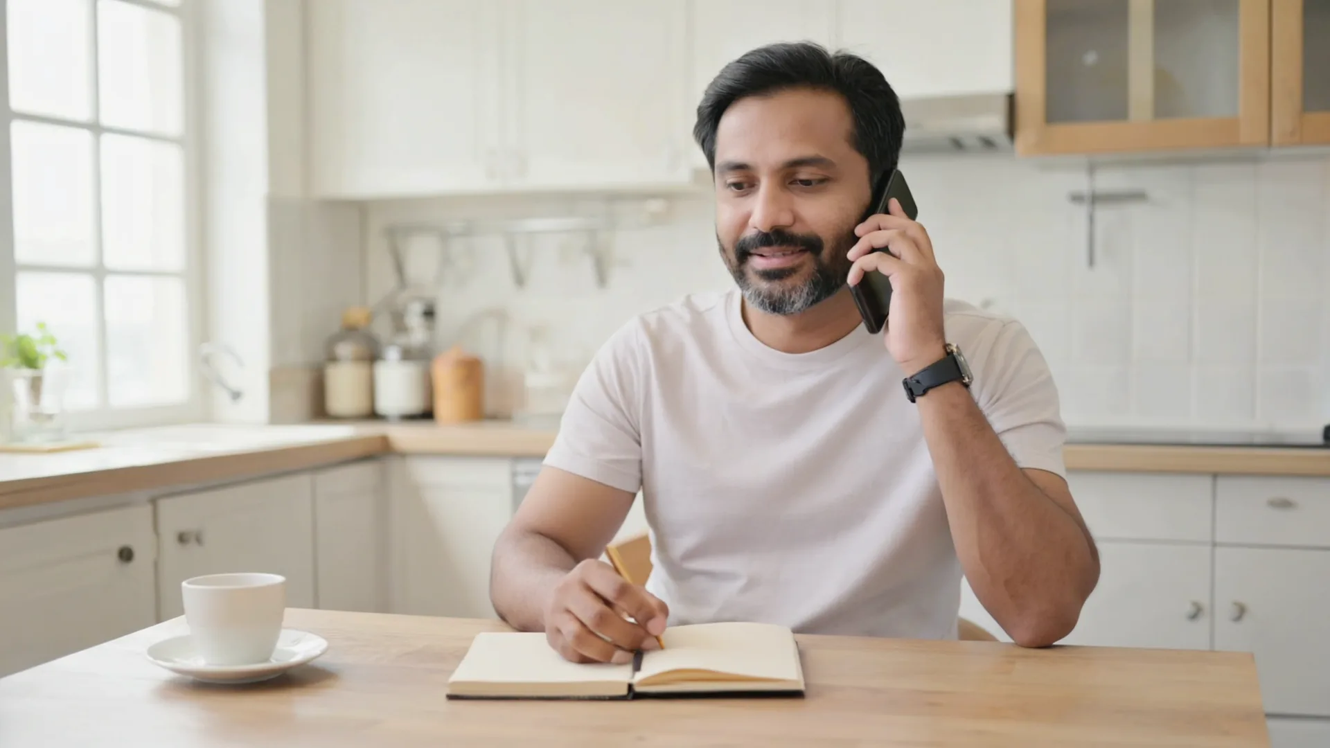 Man in his 50s on the phone to his doctor from his kitchen table, notebook and tea beside him
