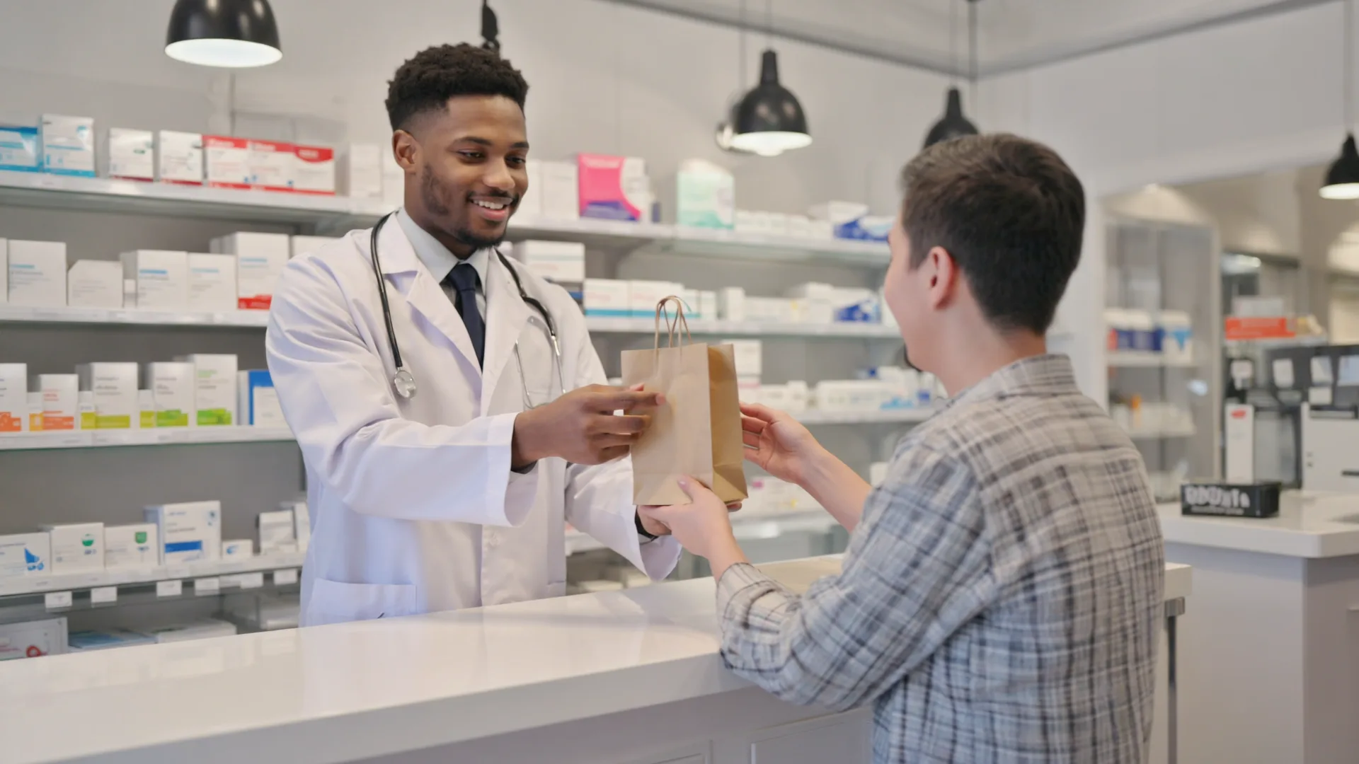 Ozempic in Ireland starts with a prescription A pharmacist handing a small paper pharmacy bag across a bright Irish pharmacy counter