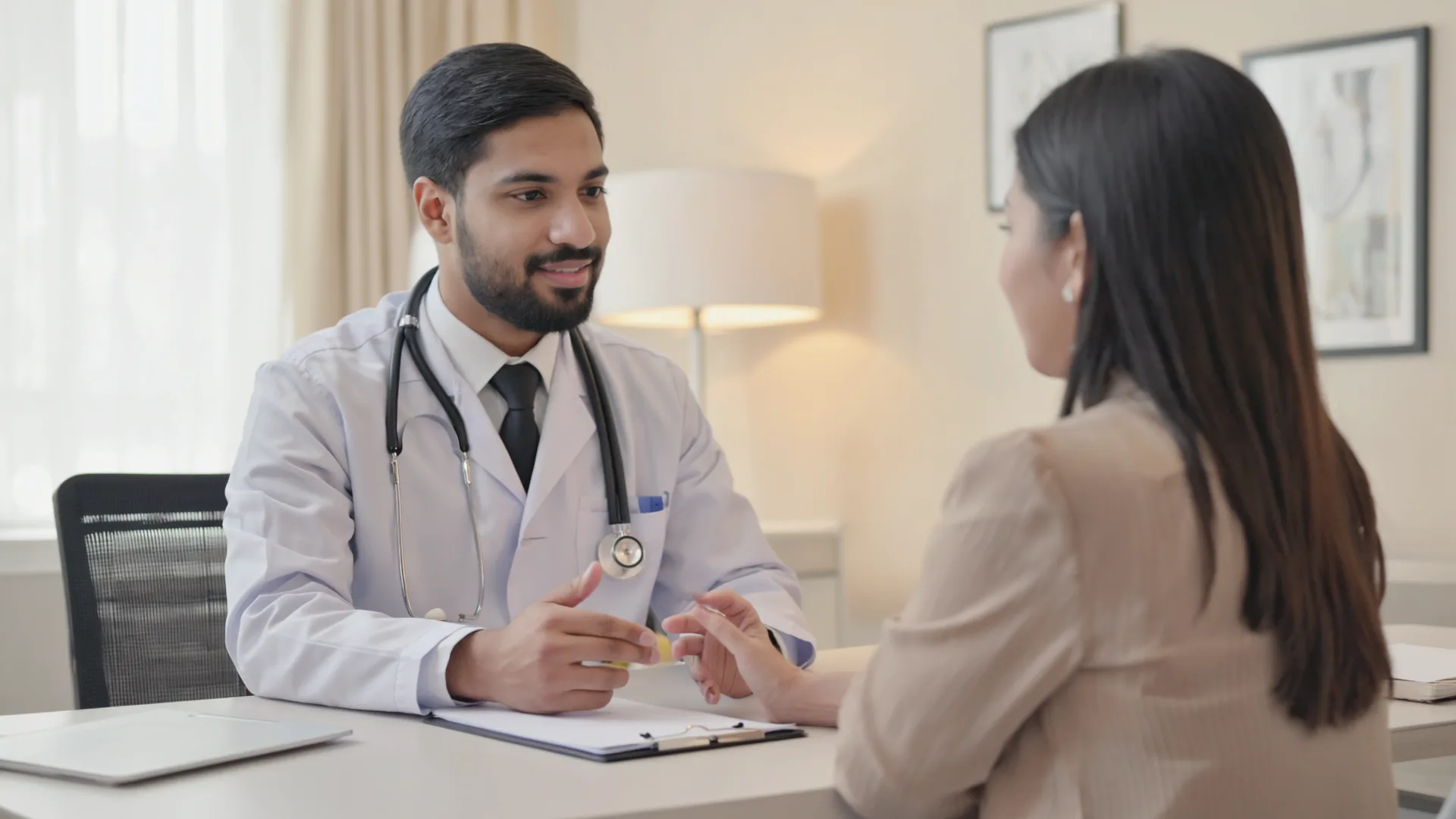 A consultation, not a checkout A doctor and patient talking across a desk in a calm Irish clinic room