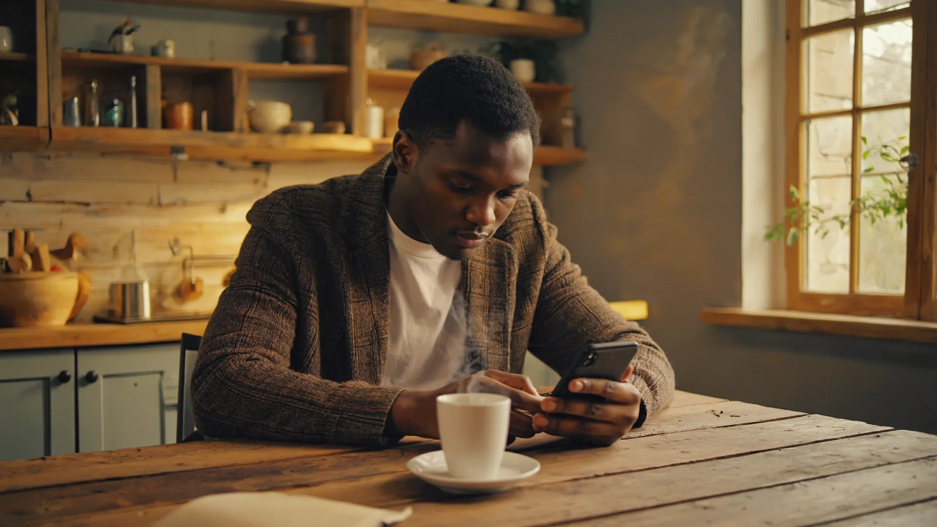 Take your time over the choice A person at a kitchen table in the evening reading on a phone beside a cup of tea