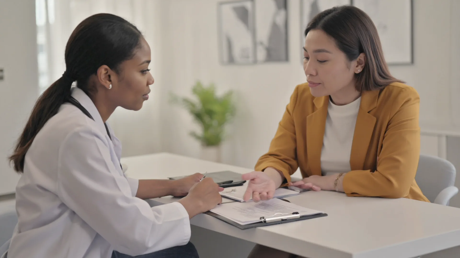 Doctor and patient discussing health research in a modern clinic setting