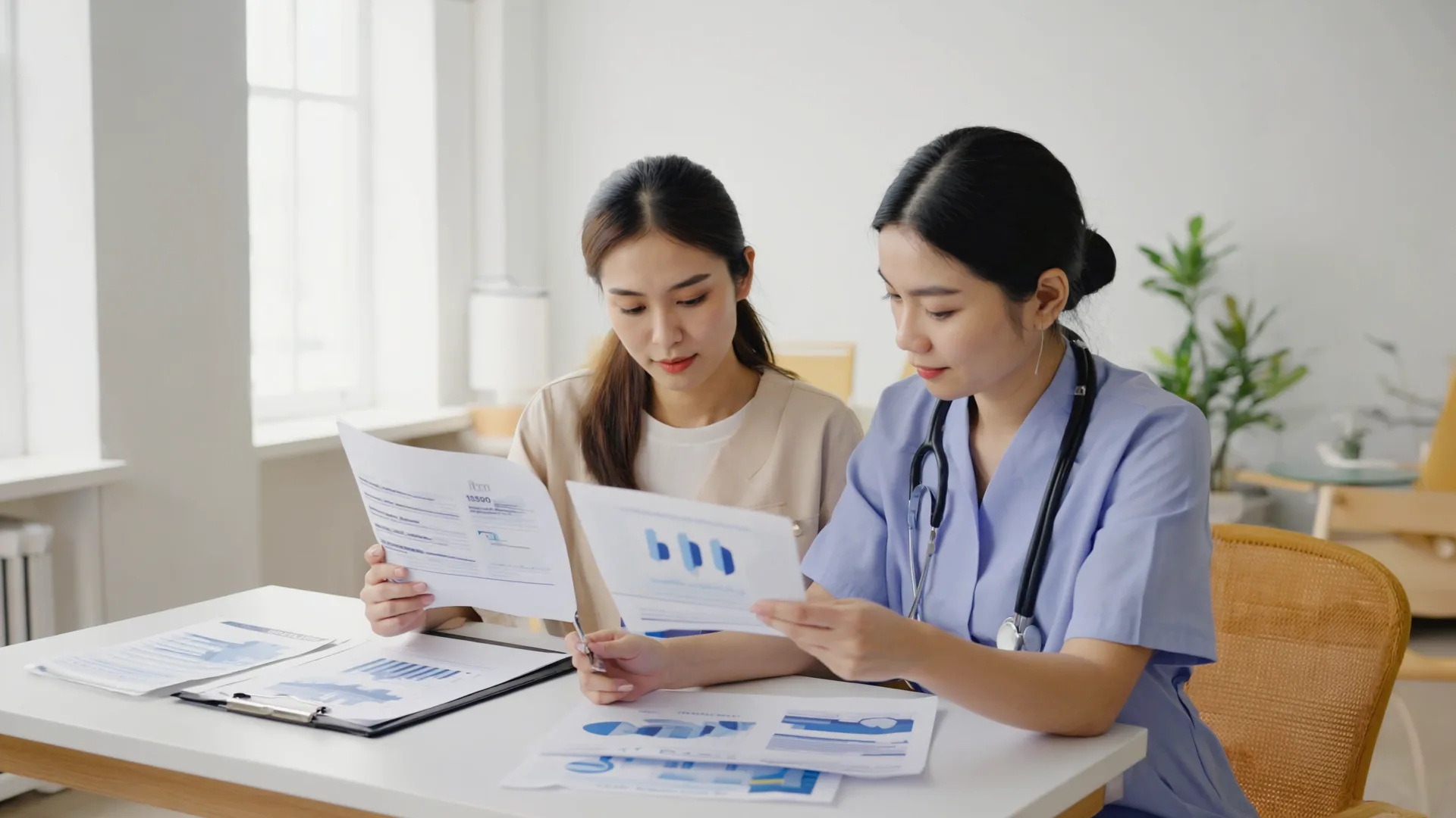 Woman reviewing wellness data with healthcare provider on tablet in consultation room