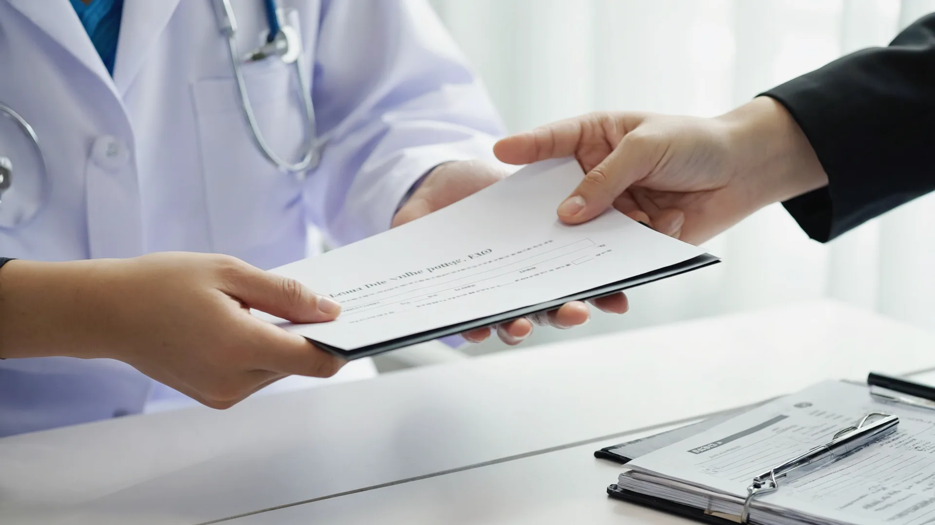Woman in modern medical office reviewing health research on printed materials with healthcare provider