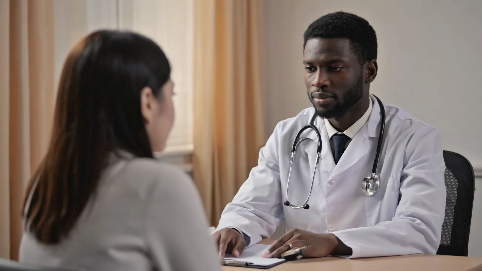 A doctor in a white coat in conversation with a patient across a desk, seen from behind the patient's shoulder