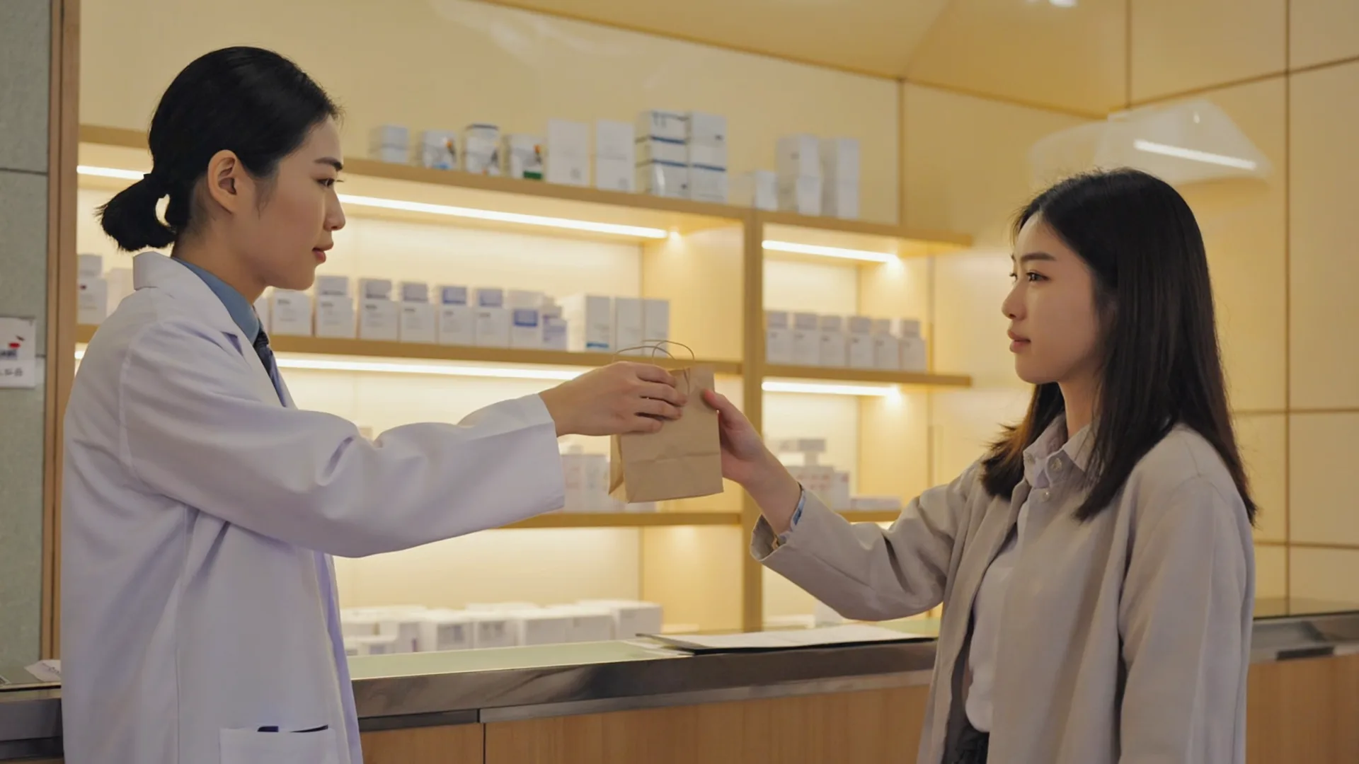 A pharmacist handing a small paper bag across a pharmacy counter, shelves softly blurred in the background