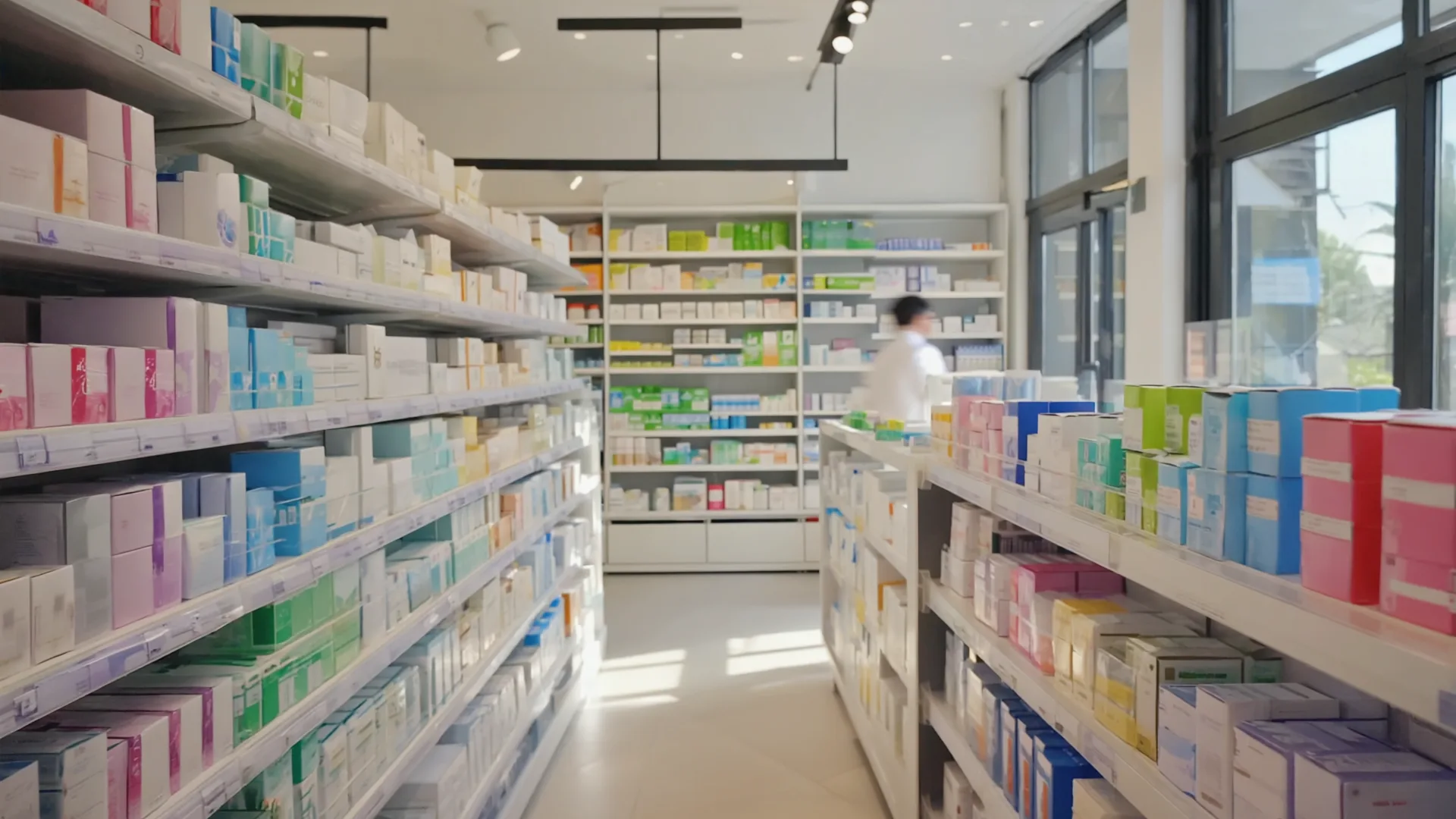 Bright pharmacy interior with shelves of plain white medicine boxes softly blurred, daylight through the window