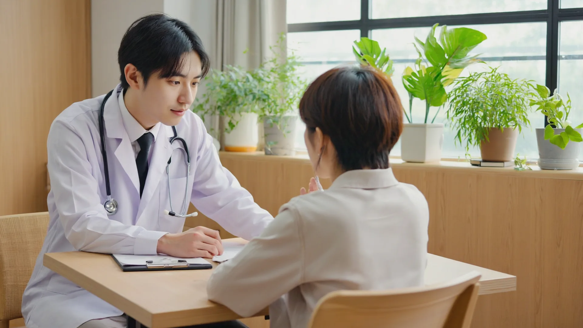 A doctor in a shirt listening to a patient across a desk in a warm, naturally lit clinic room, both softly out of focus