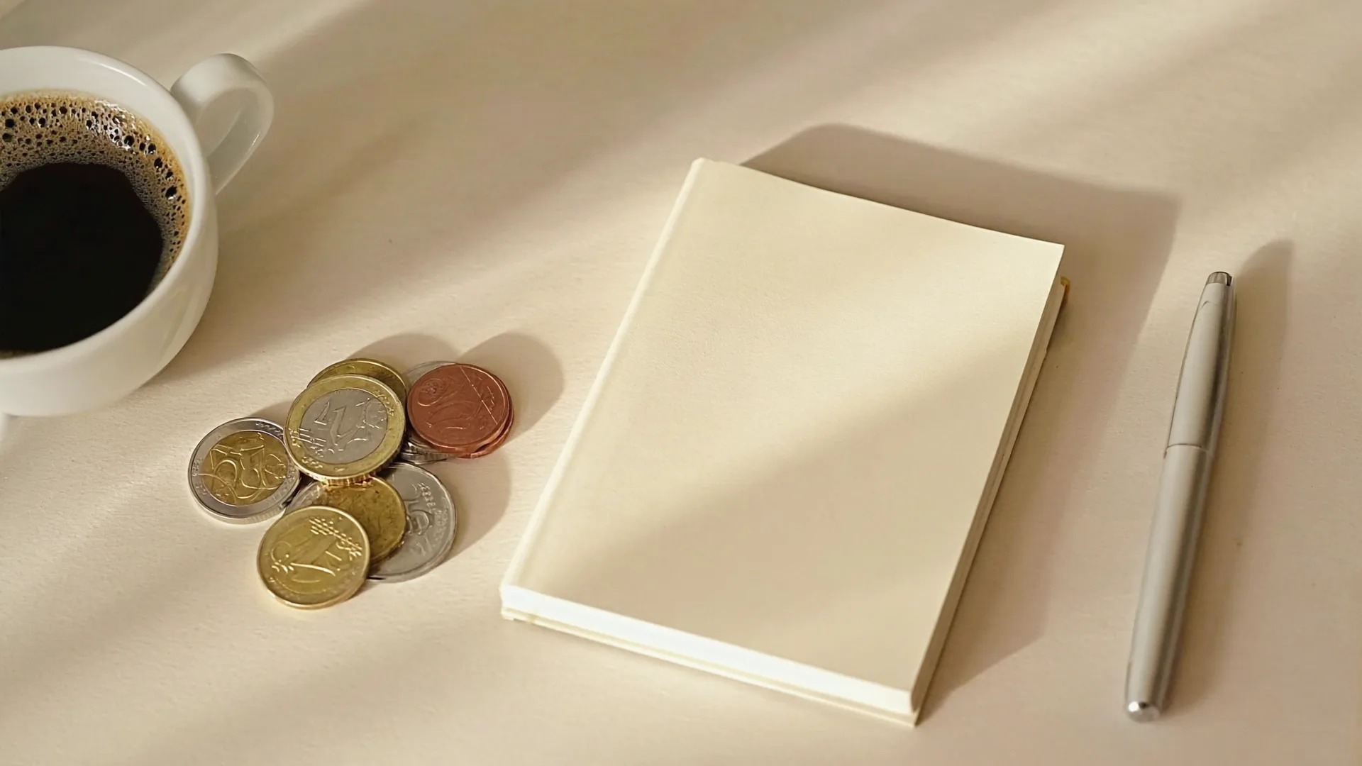 Euro coins beside a small closed notebook and pen on a kitchen table in morning light