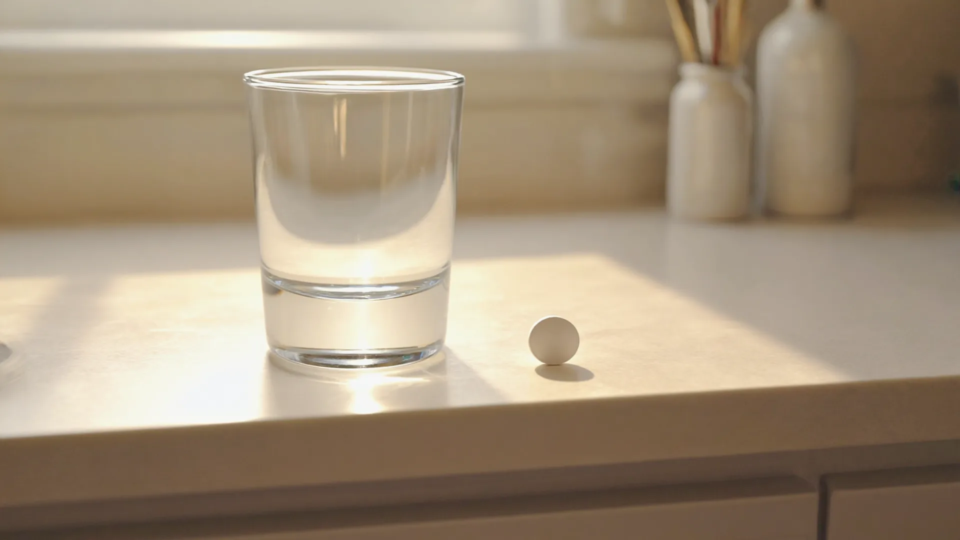 A single small tablet beside a glass of water on a bright surface in morning light A single small tablet beside a glass of water on a bright surface in morning light