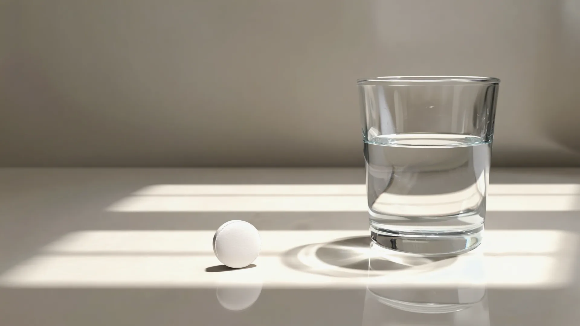 A single weight-loss tablet beside a glass of water on a bright kitchen counter in morning light A single weight-loss tablet beside a glass of water on a bright kitchen counter in morning light