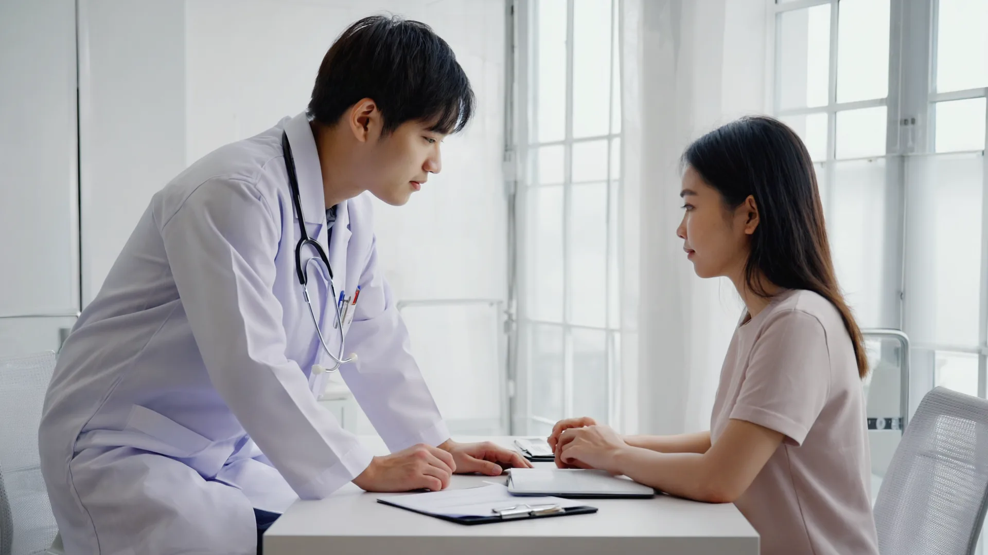 A doctor and patient in a calm conversation across a desk in a bright modern Irish clinic A doctor and patient in a calm conversation across a desk in a bright modern Irish clinic