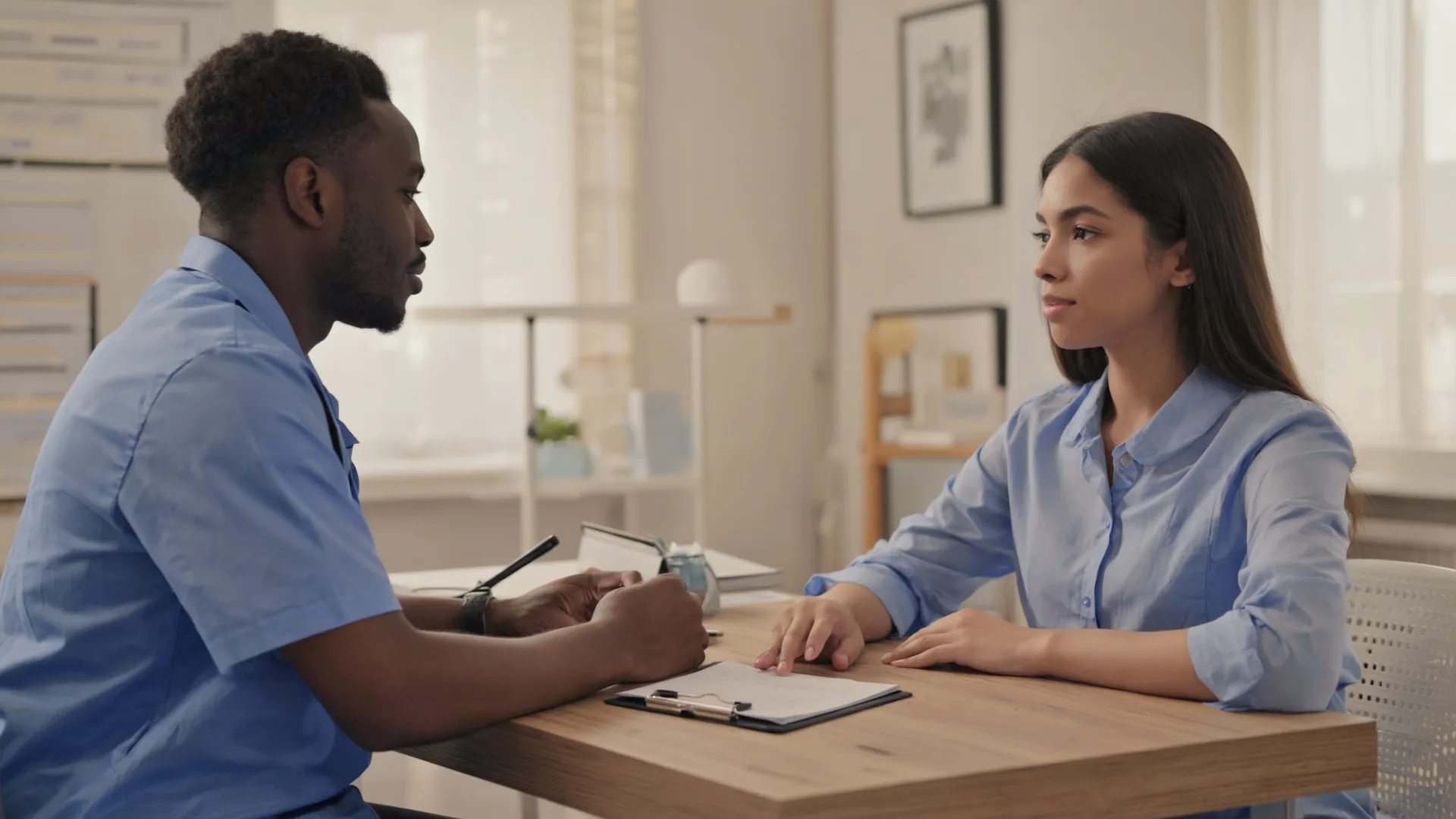 A warm, welcoming medical consultation room where a person discusses their health with a clinician