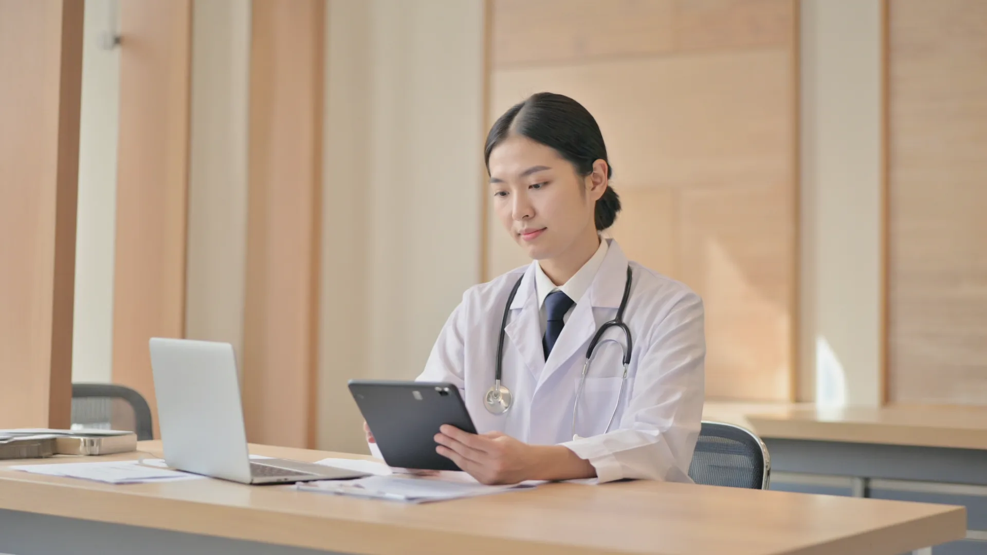 A clinician carefully reviewing an individualised weight management plan at a desk