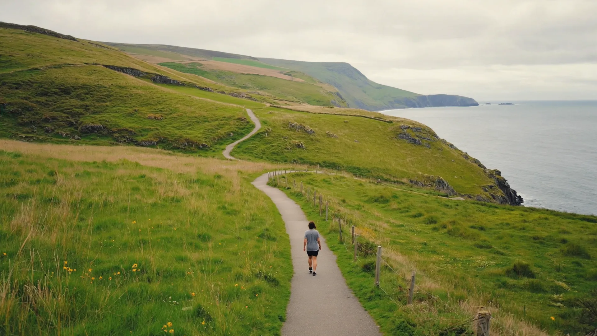 A person walking briskly along a green Irish coastal path on a fresh morning, supporting a healthy weight-loss lifestyle
