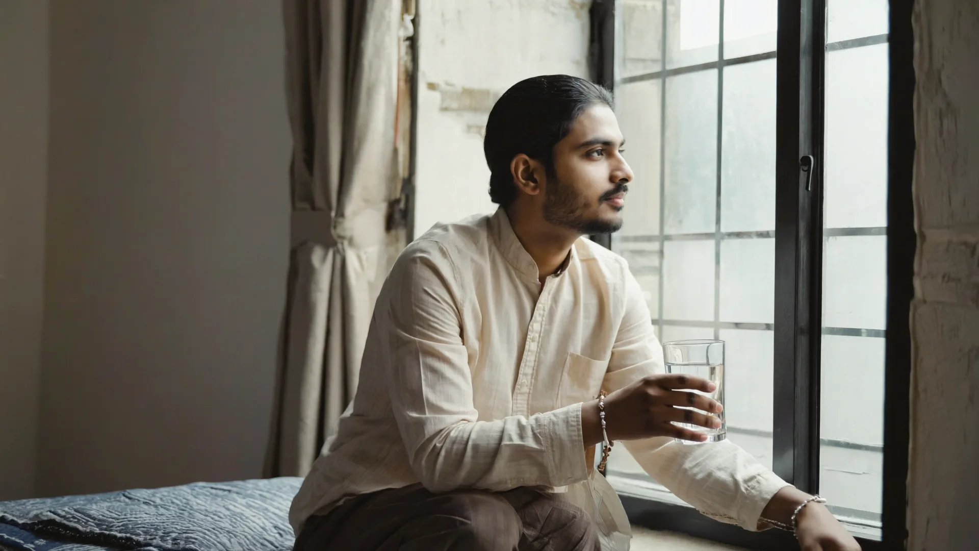A calm, reflective person sitting by a window at home with a glass of water, taking a quiet moment