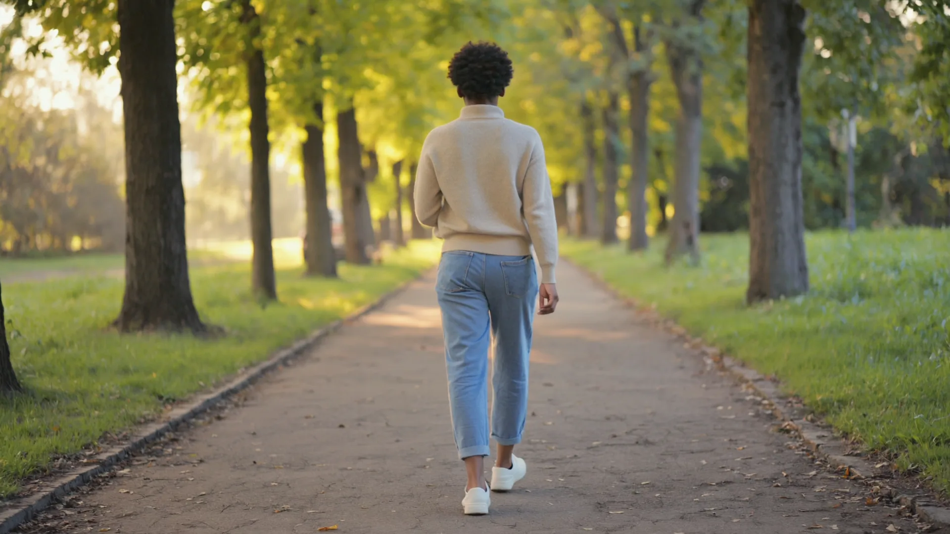 A person taking a gentle, relaxed walk outdoors along a leafy path