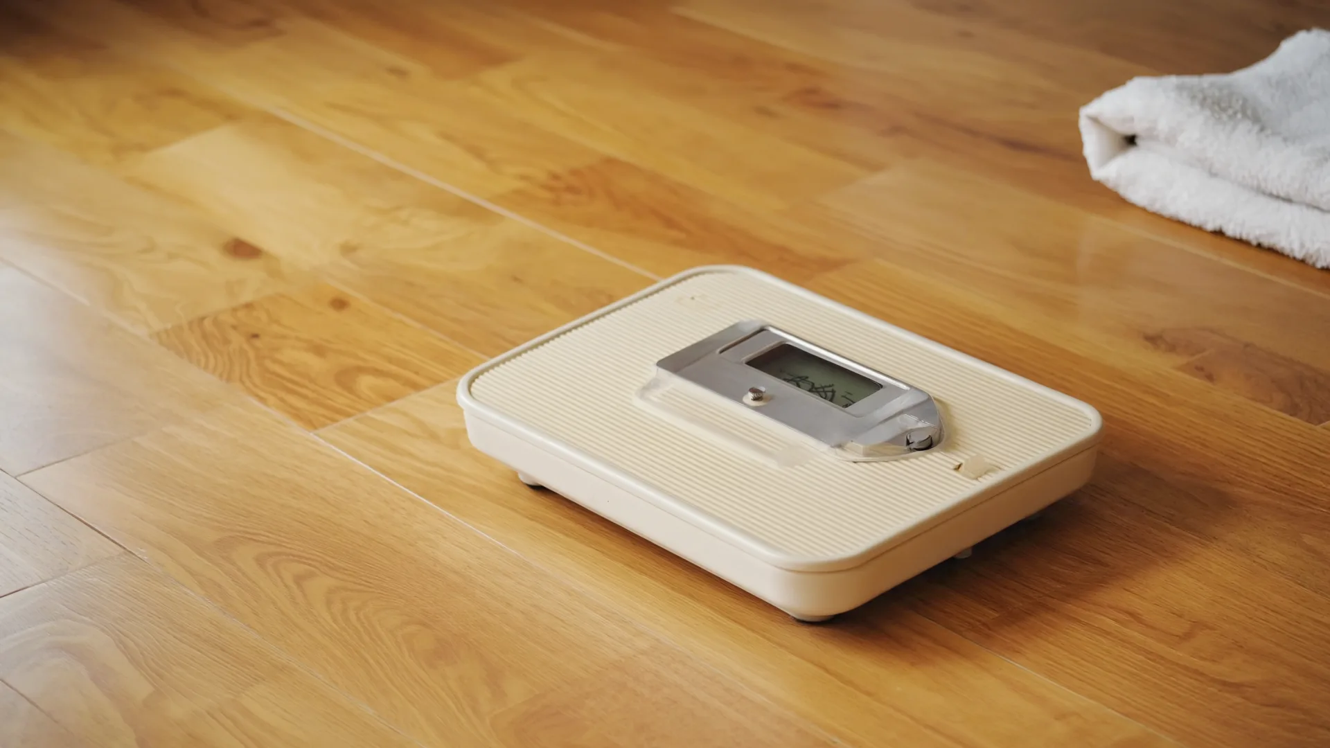 A mechanical bathroom scale on a wooden floor in soft morning light, display angled away