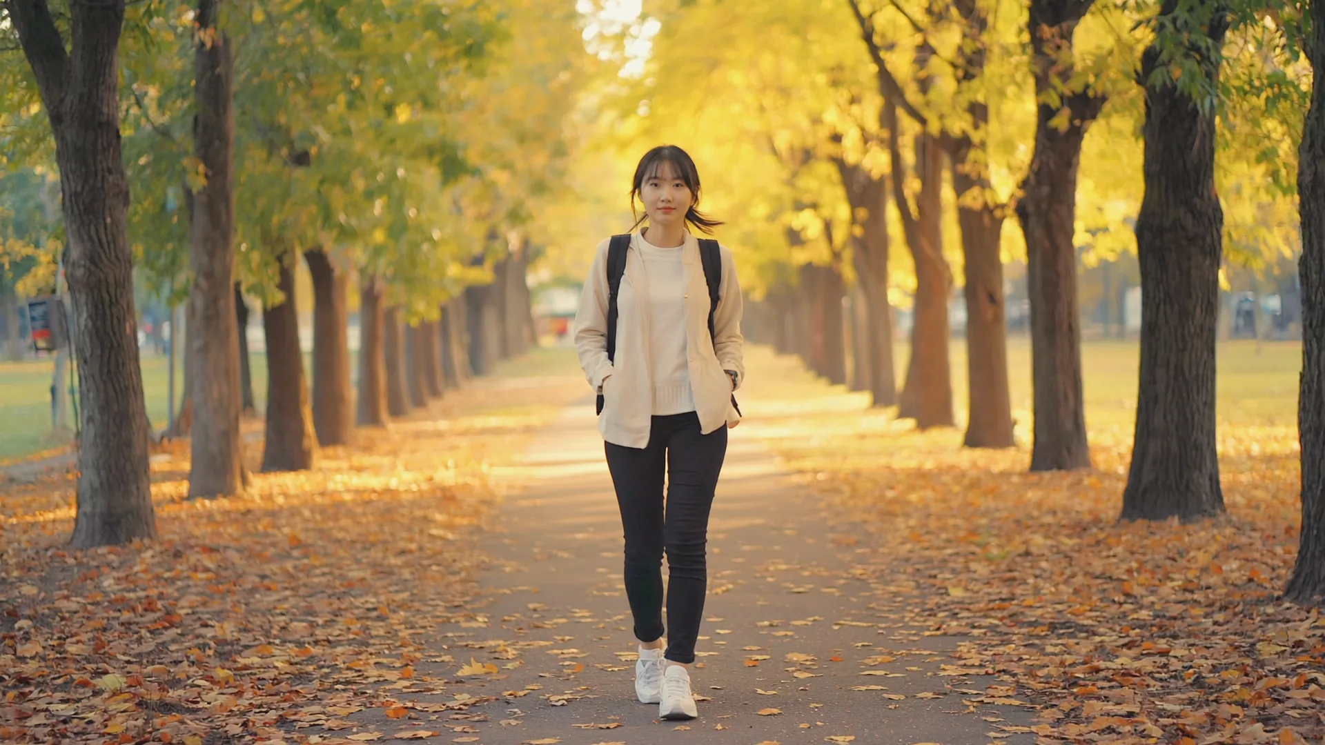 A woman walking briskly along a tree-lined park path at golden hour
