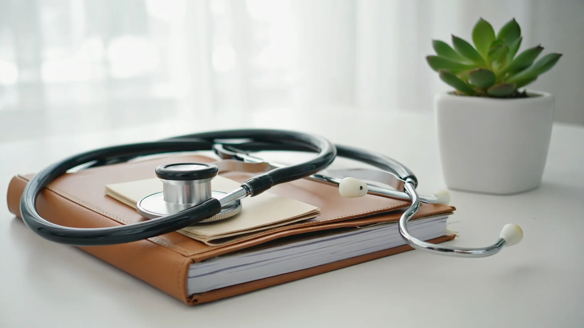 Stethoscope resting on a closed leather notebook on a doctor's desk beside a small plant Stethoscope resting on a closed leather notebook on a doctor's desk beside a small plant