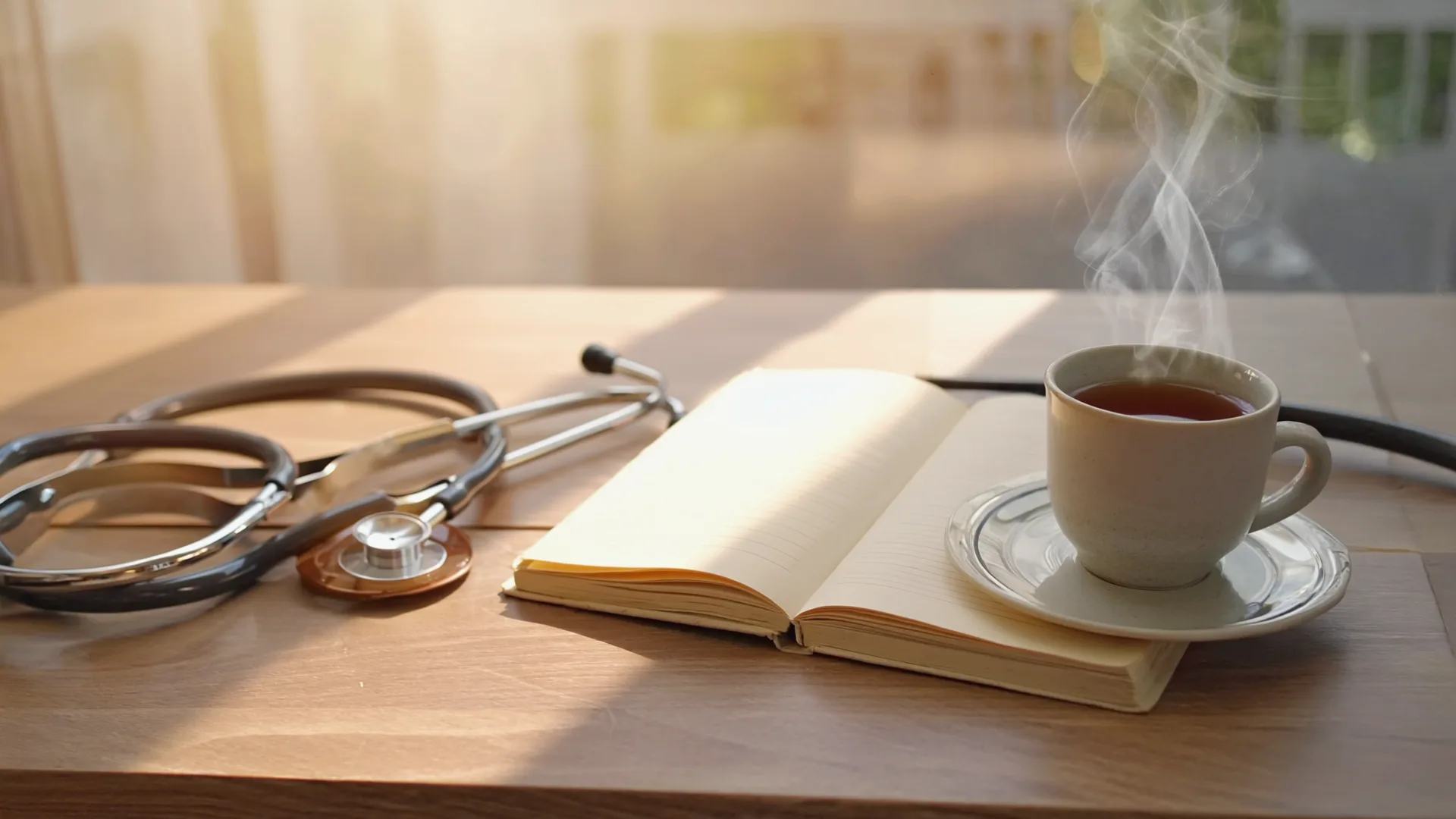 A doctor can check for other causes of hair shedding A doctor's desk with a notepad, stethoscope and a cup of tea in soft daylight