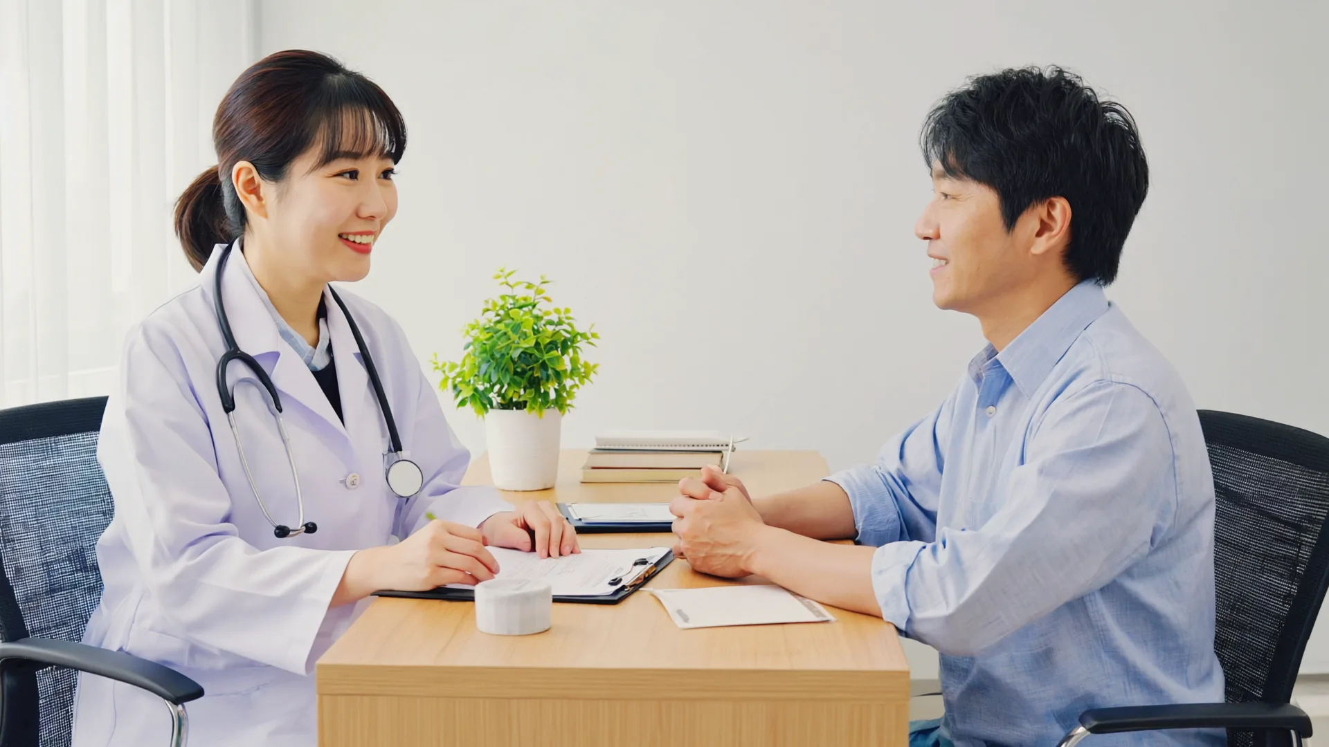 Doctor and patient talking across a consultation desk in a bright modern clinic