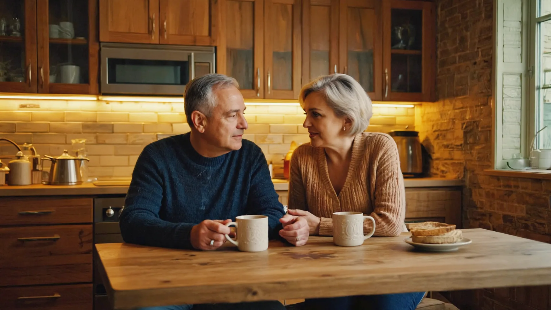 Couple at a kitchen table calmly reviewing their household budget options