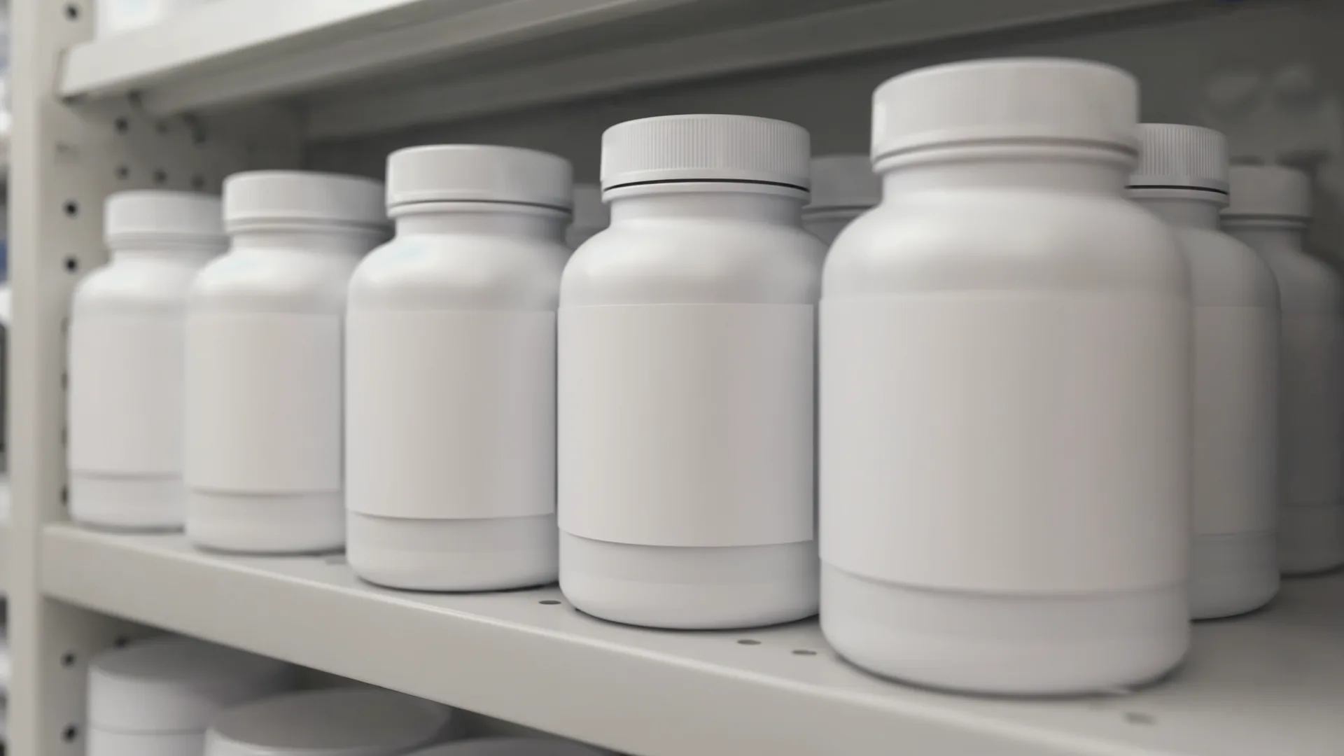 Most of what's on the shelf is food, not medicine Rows of plain supplement bottles on a pharmacy shelf with blank labels