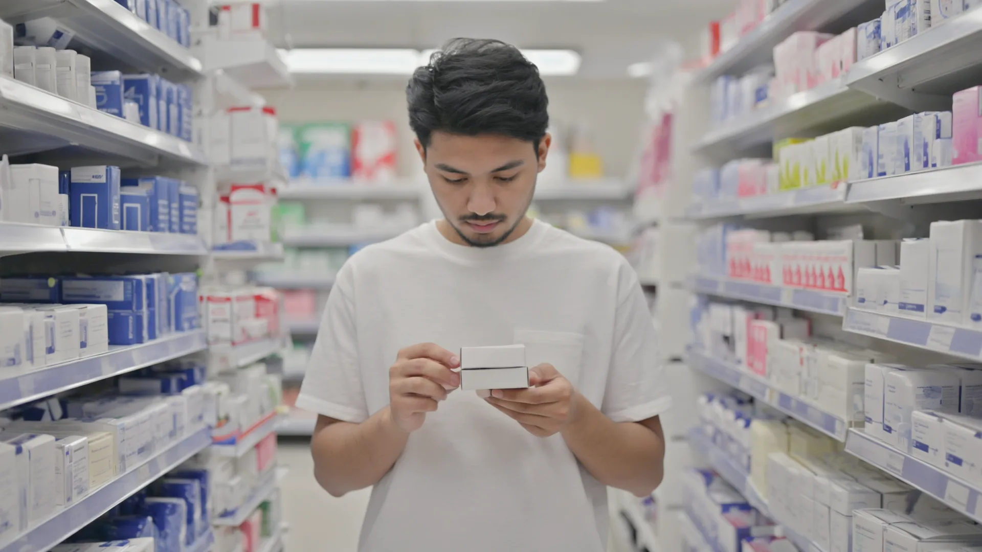 Read past the front of the pack A person reading a product box in a pharmacy aisle, seen from behind