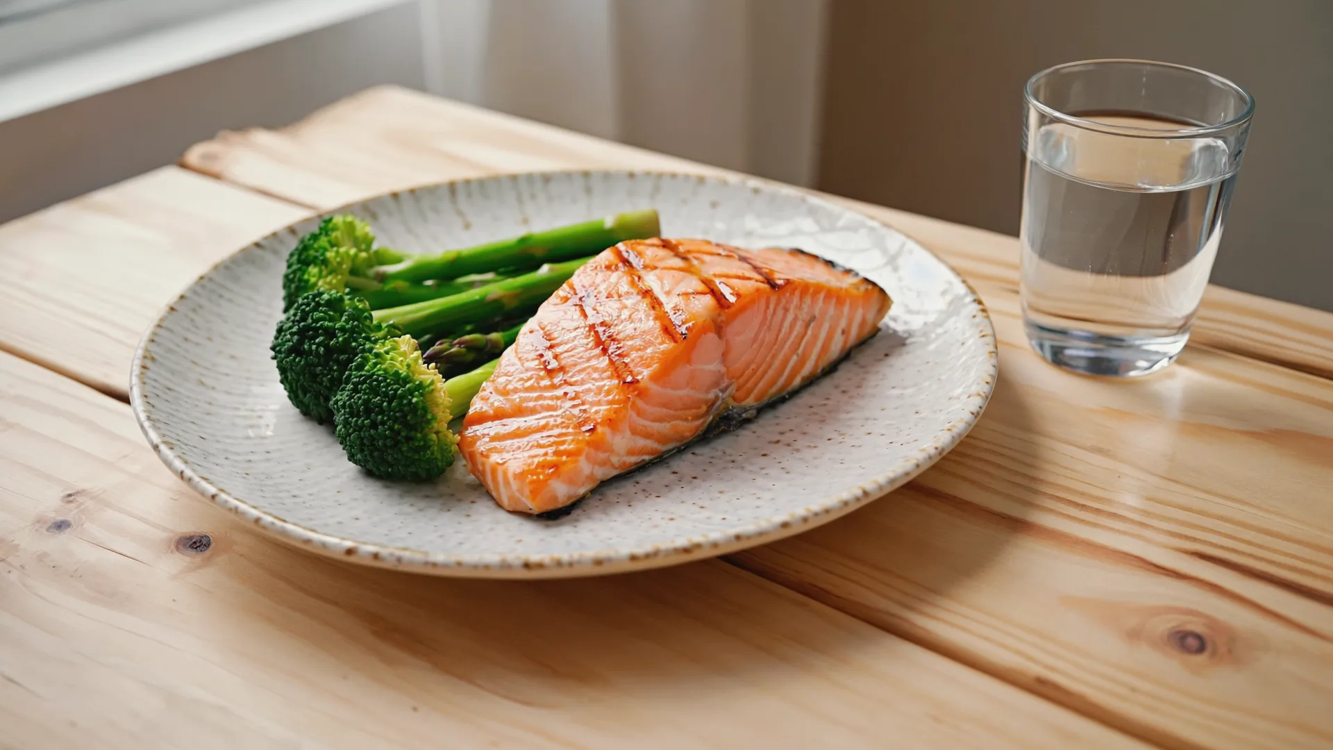 The basics still matter A plate of grilled salmon and green vegetables beside a glass of water on a wooden table