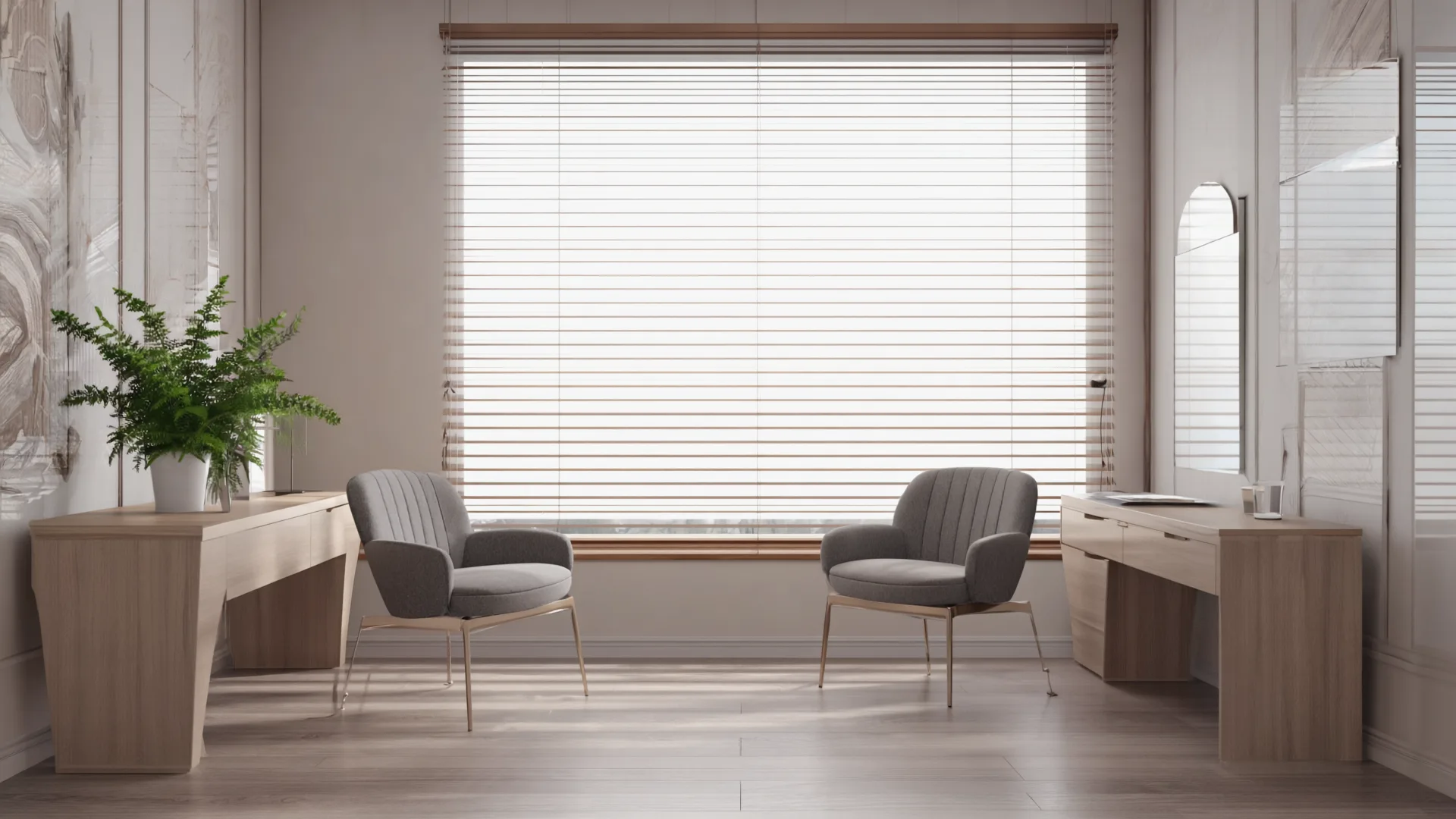 A bright clinic consulting room with two chairs facing a wooden desk, a potted fern and a glass of water in soft daylight