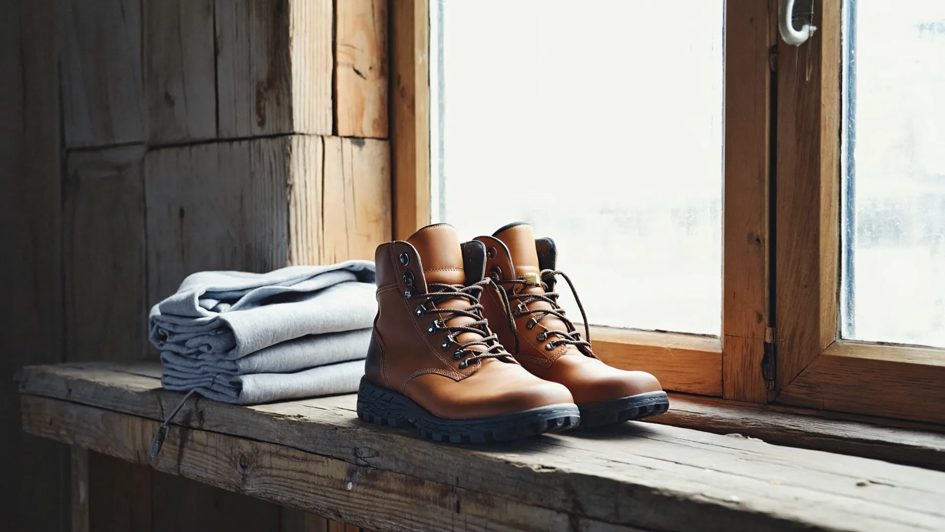 Well-worn hiking boots and a folded hoodie on a wooden bench beside a bright window in soft morning light