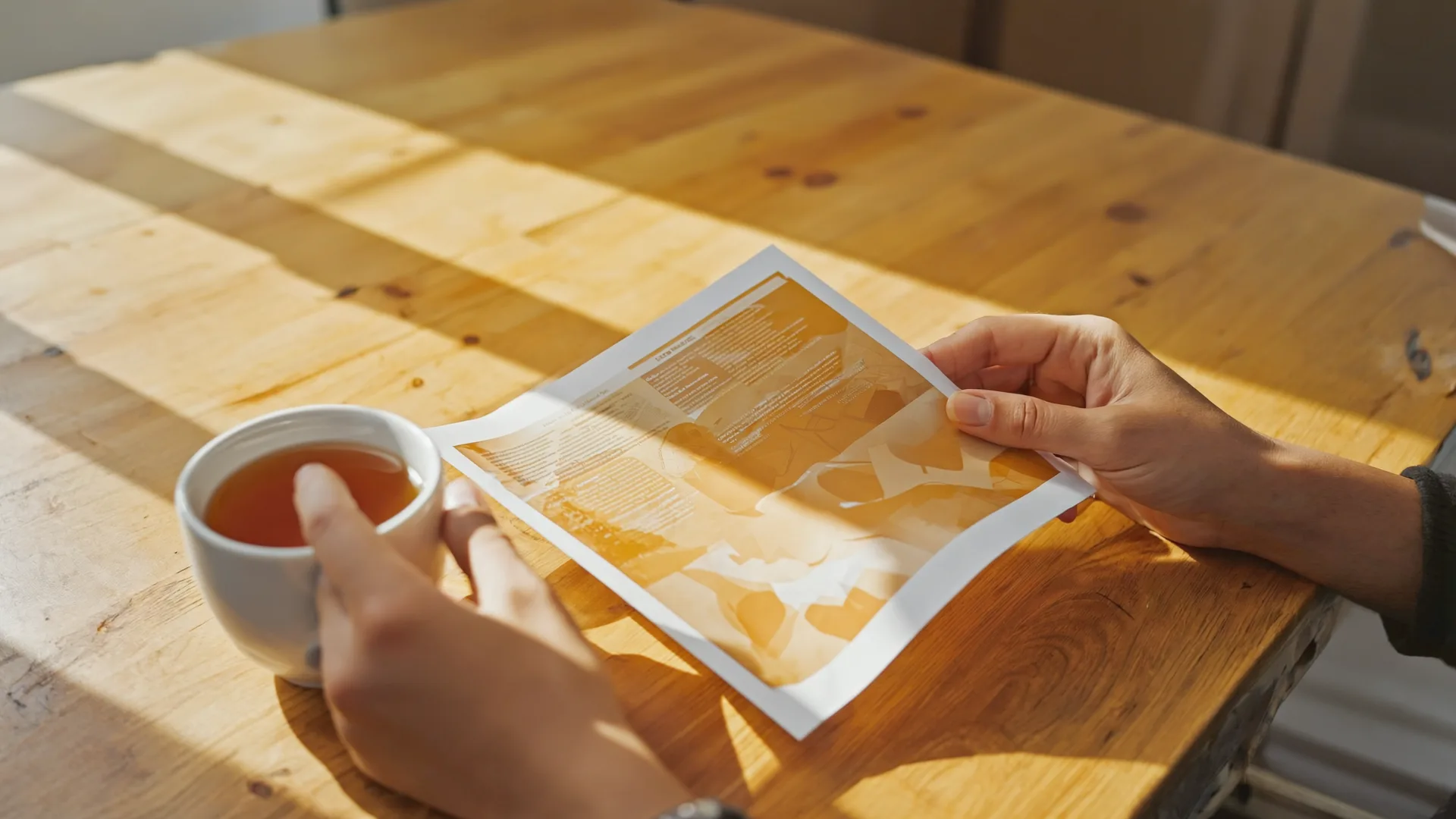The leaflet lists every side effect by how often it occurs Hands holding an unfolded paper leaflet on a kitchen table beside a cup of tea