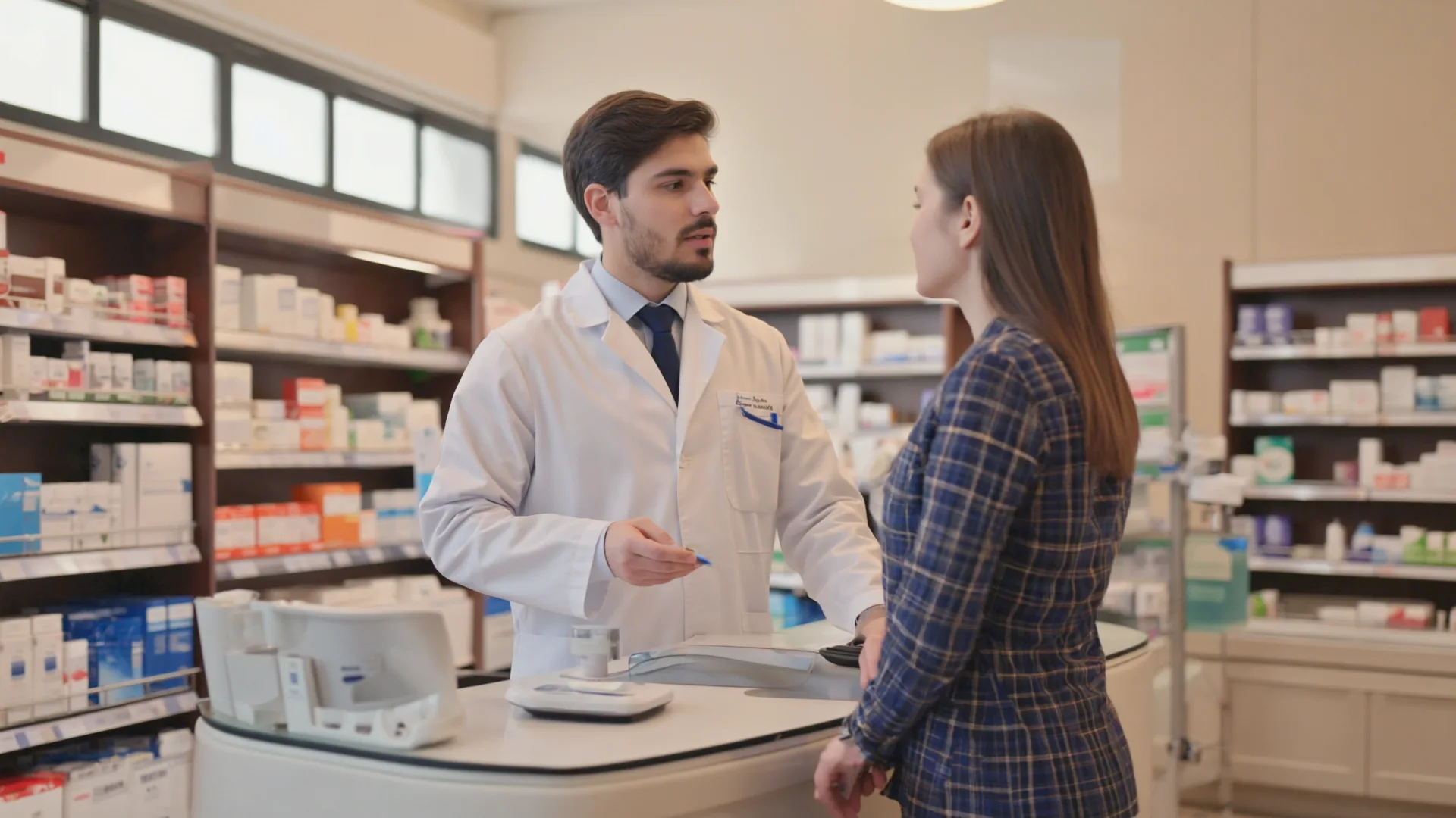 Saxenda is supplied through pharmacies on prescription A pharmacist in a white coat speaking with a customer at a pharmacy counter