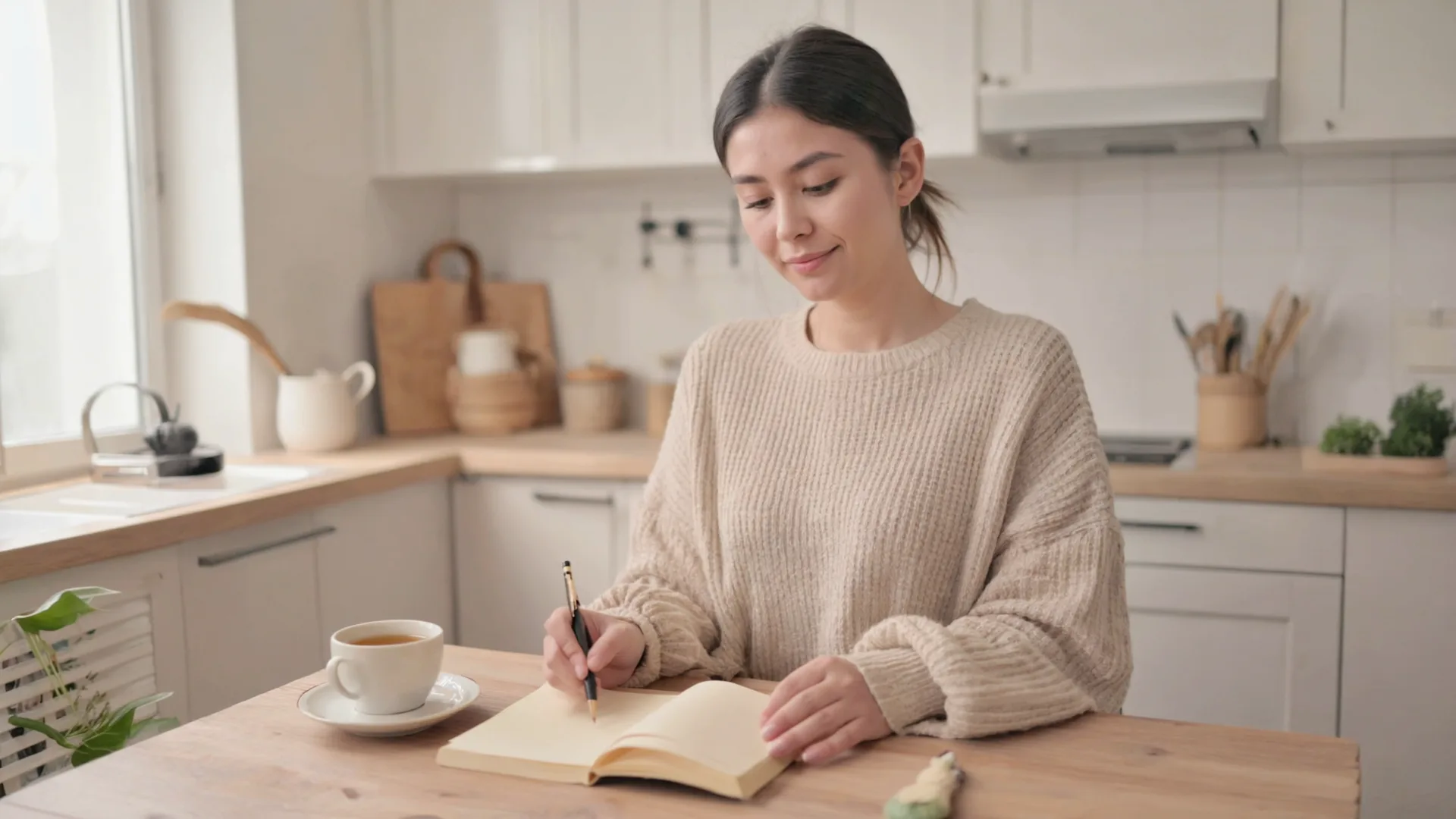 Woman reviewing her monthly budget at a bright kitchen table with a cup of tea and a notebook