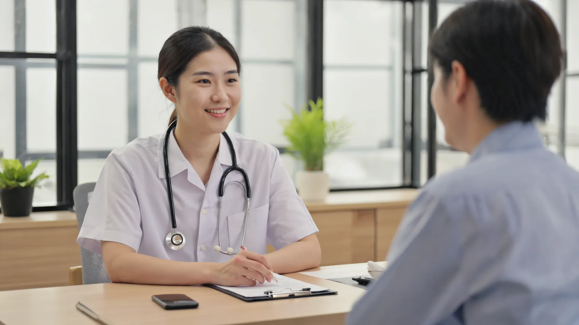Doctor in a bright consultation room talking calmly with a patient across a desk