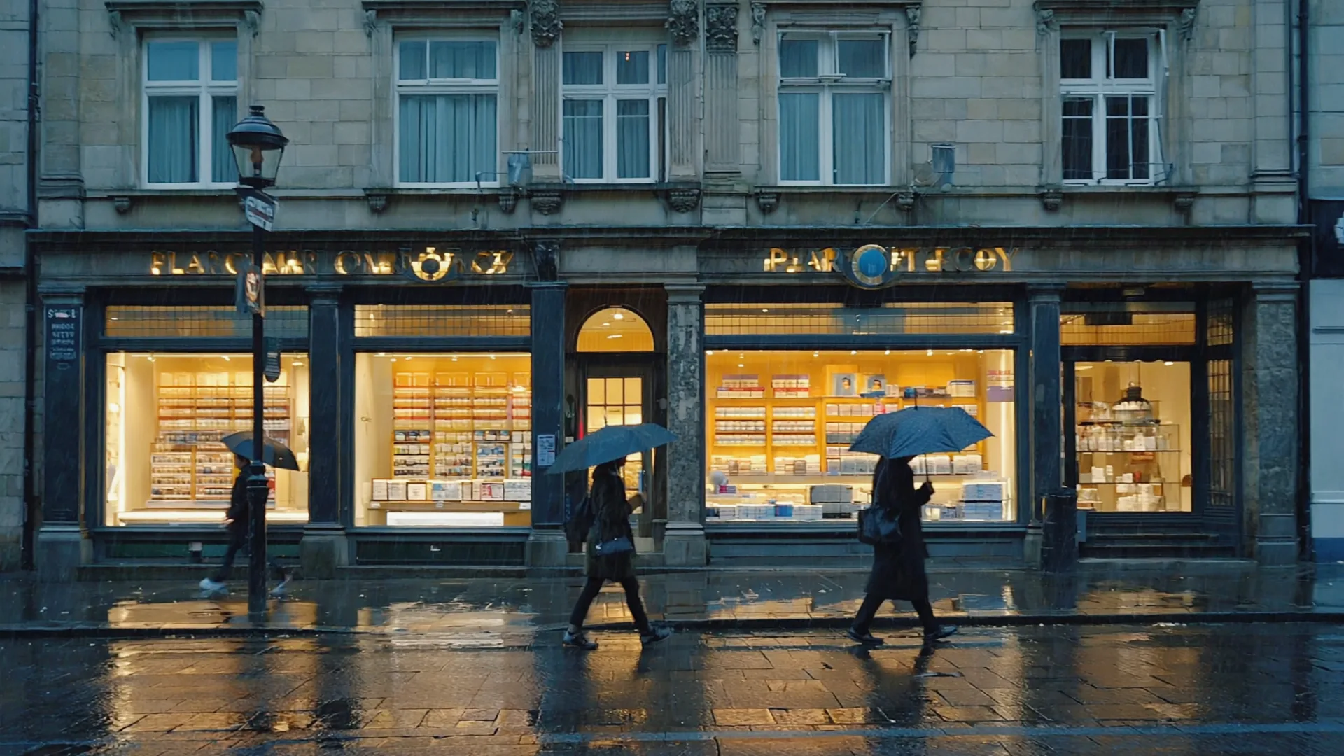 Two very different pricing policies on the same high street Two pharmacy storefronts on an Irish high street at dusk, signage unreadable