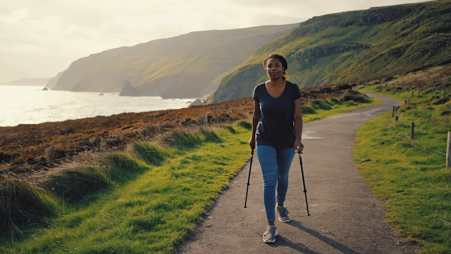 Small, steady habits matter more than crash plans A woman in her fifties walking along a quiet Irish coastal path in morning light