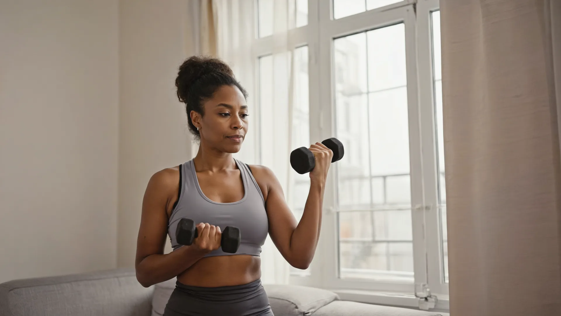 Strength training helps protect muscle through midlife A woman lifting light dumbbells at home beside a sunlit window