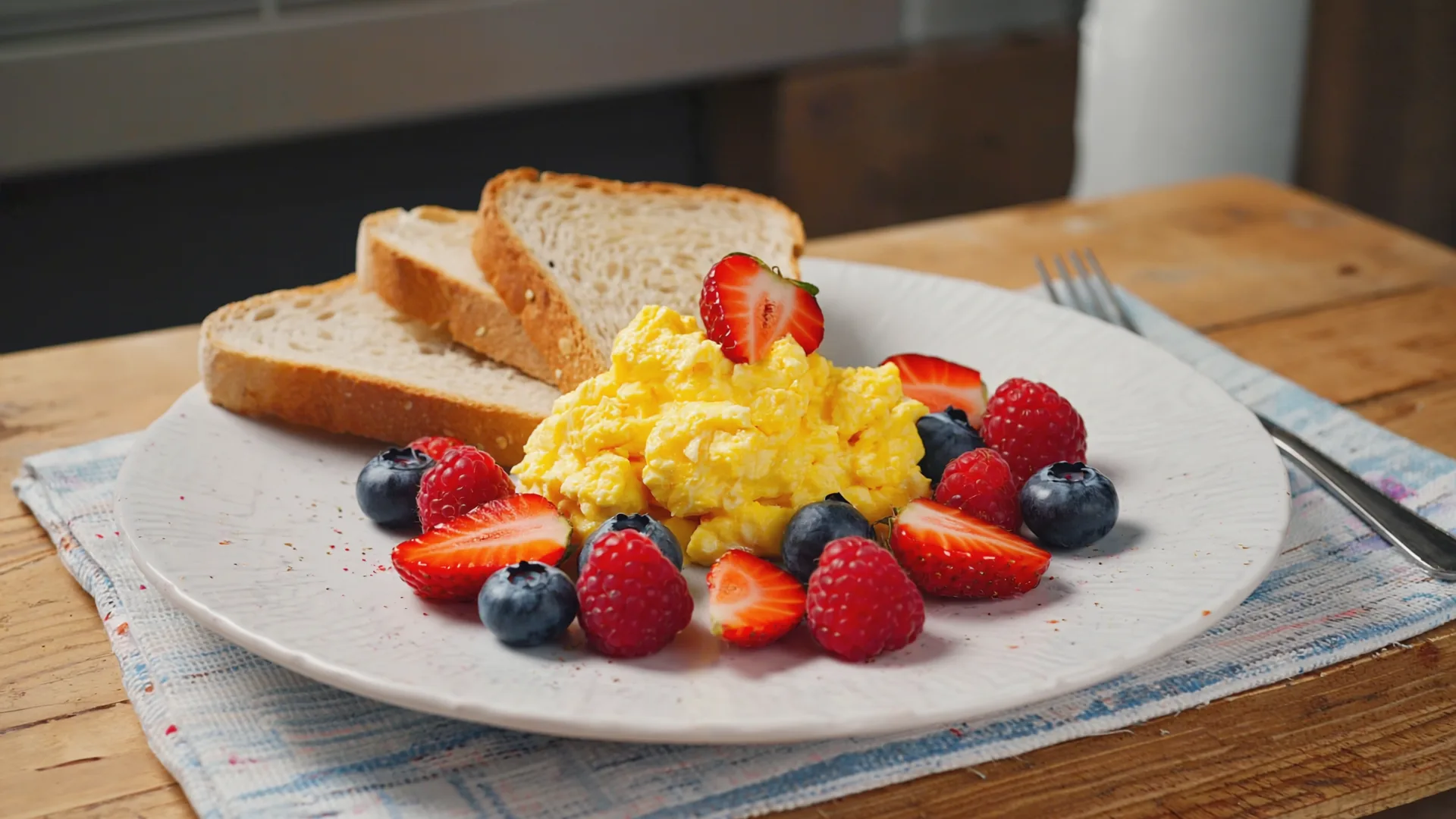 Protein at every meal supports muscle A balanced breakfast of eggs, berries and wholegrain toast on a kitchen table