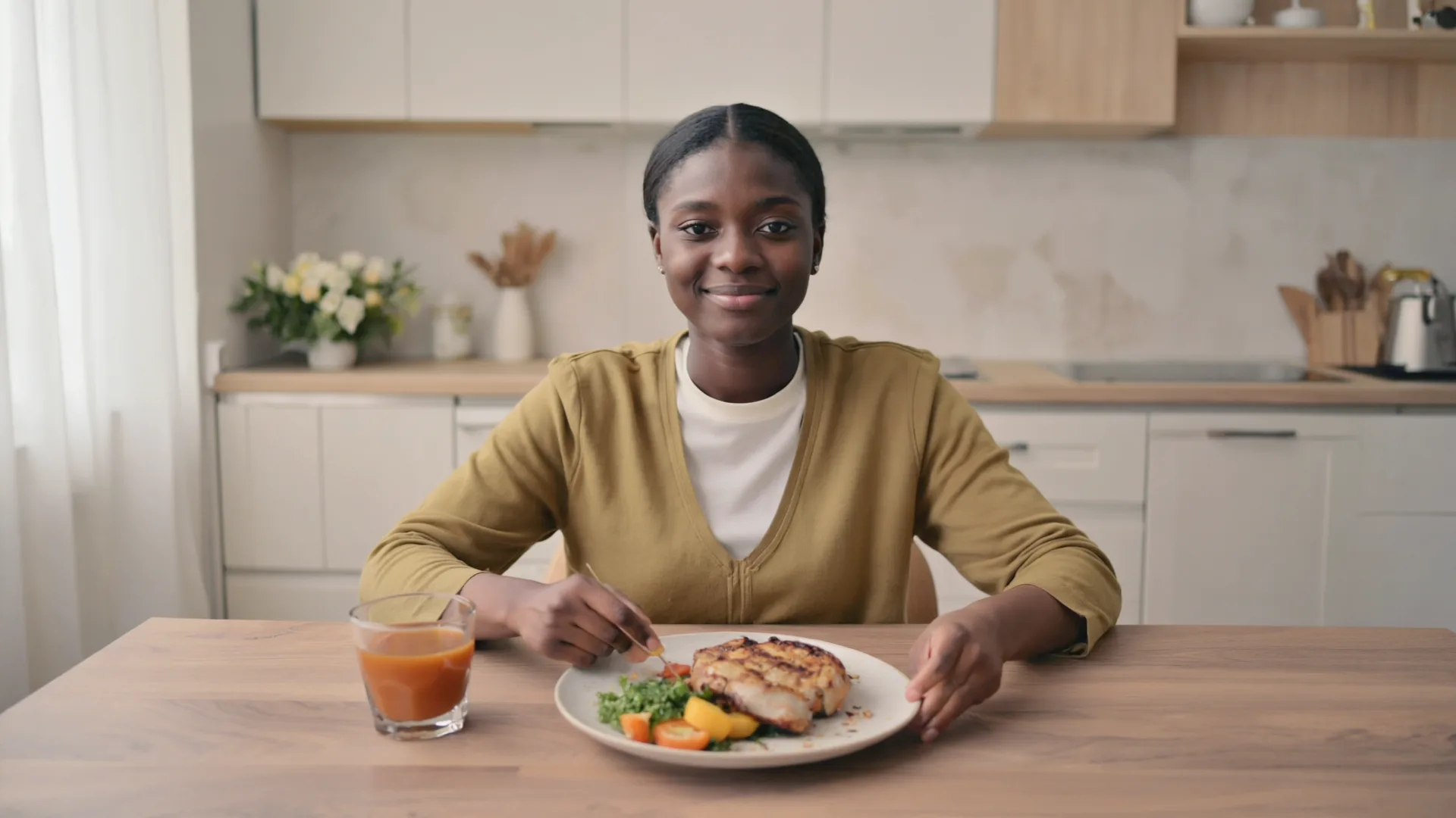 Person in a calm, focused moment at a table with a plate of food, looking relaxed and in control of their eating