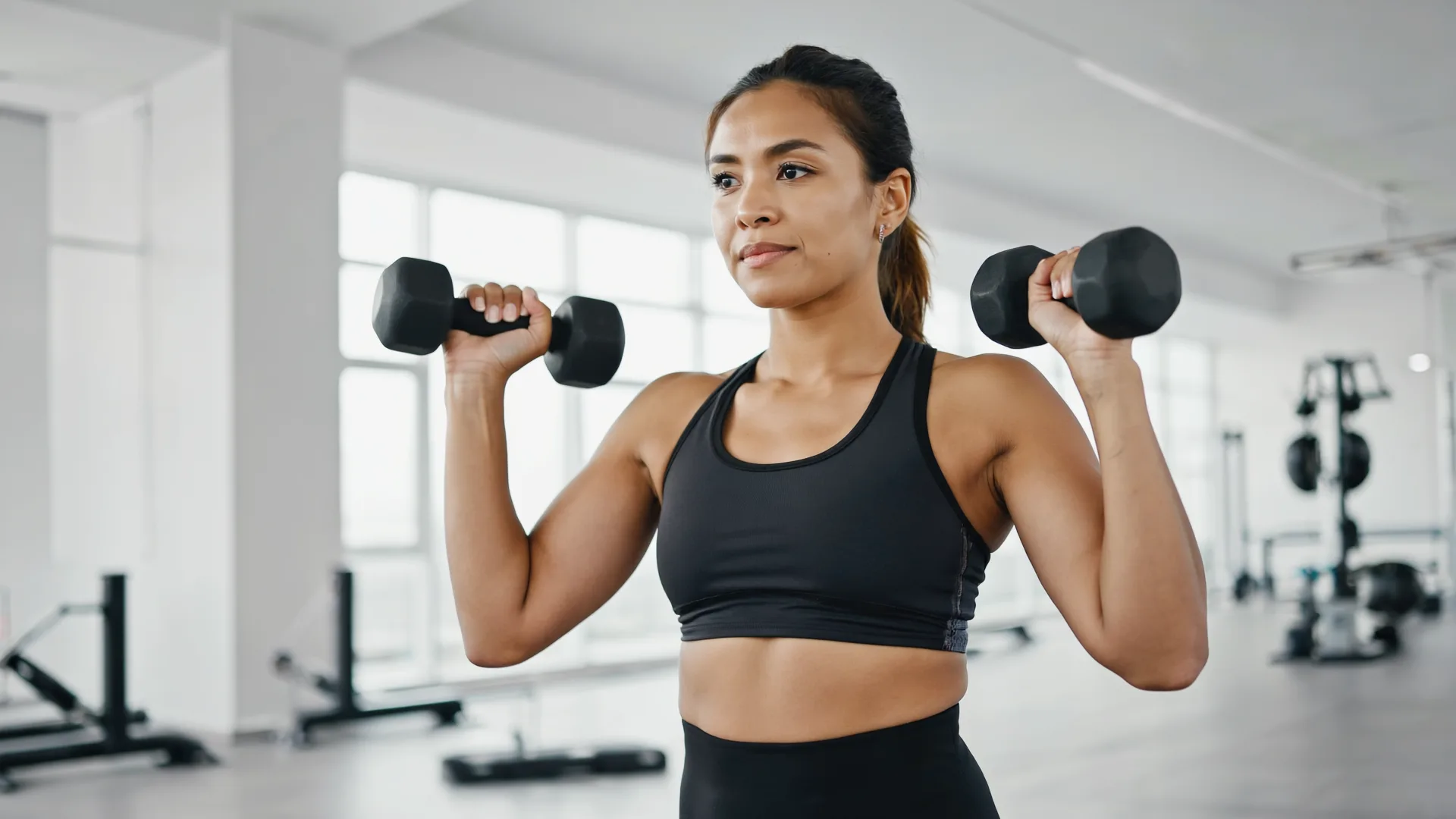 Woman doing strength training with dumbbells in a modern gym setting with natural light