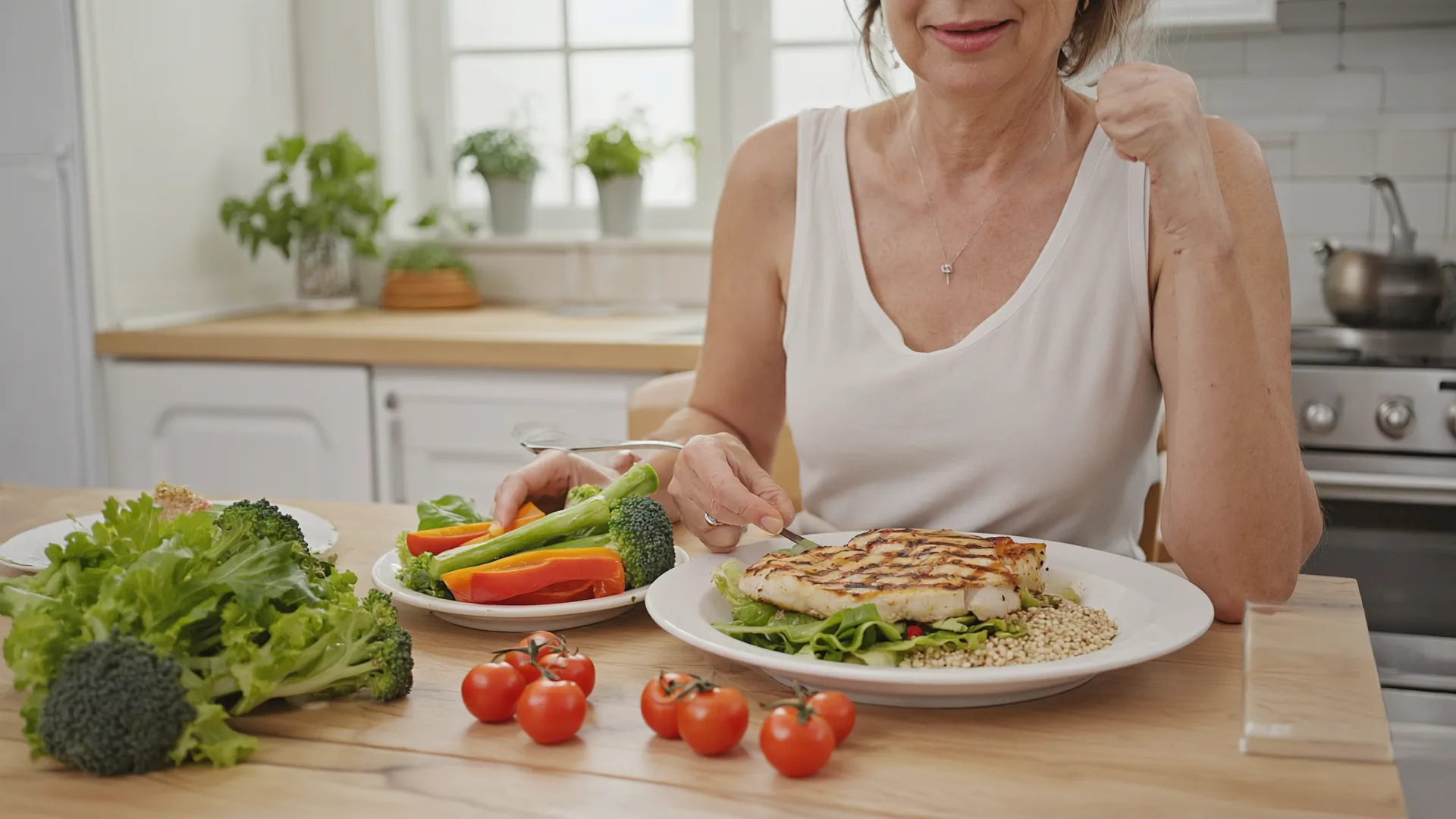 Woman eating a balanced meal with lean protein, vegetables, and whole grains at a kitchen table