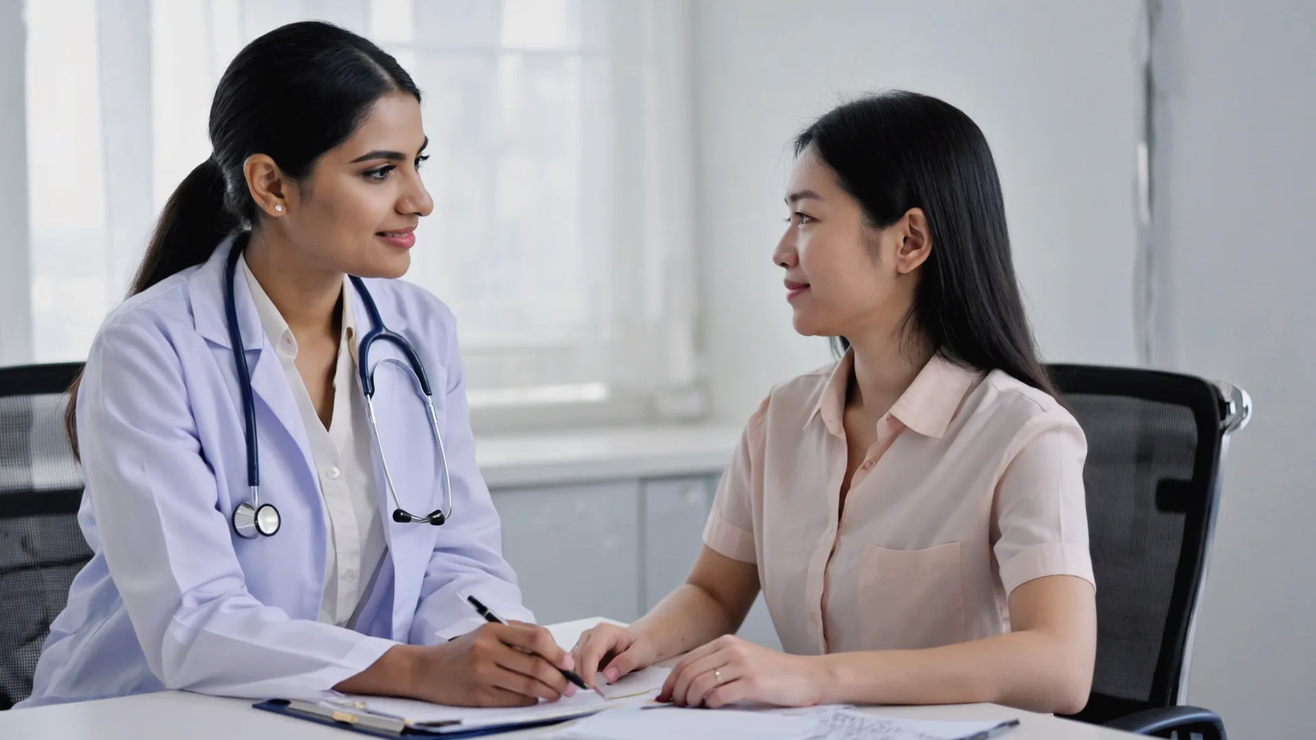Woman in a consultation with a male doctor discussing health and fitness at a medical clinic desk