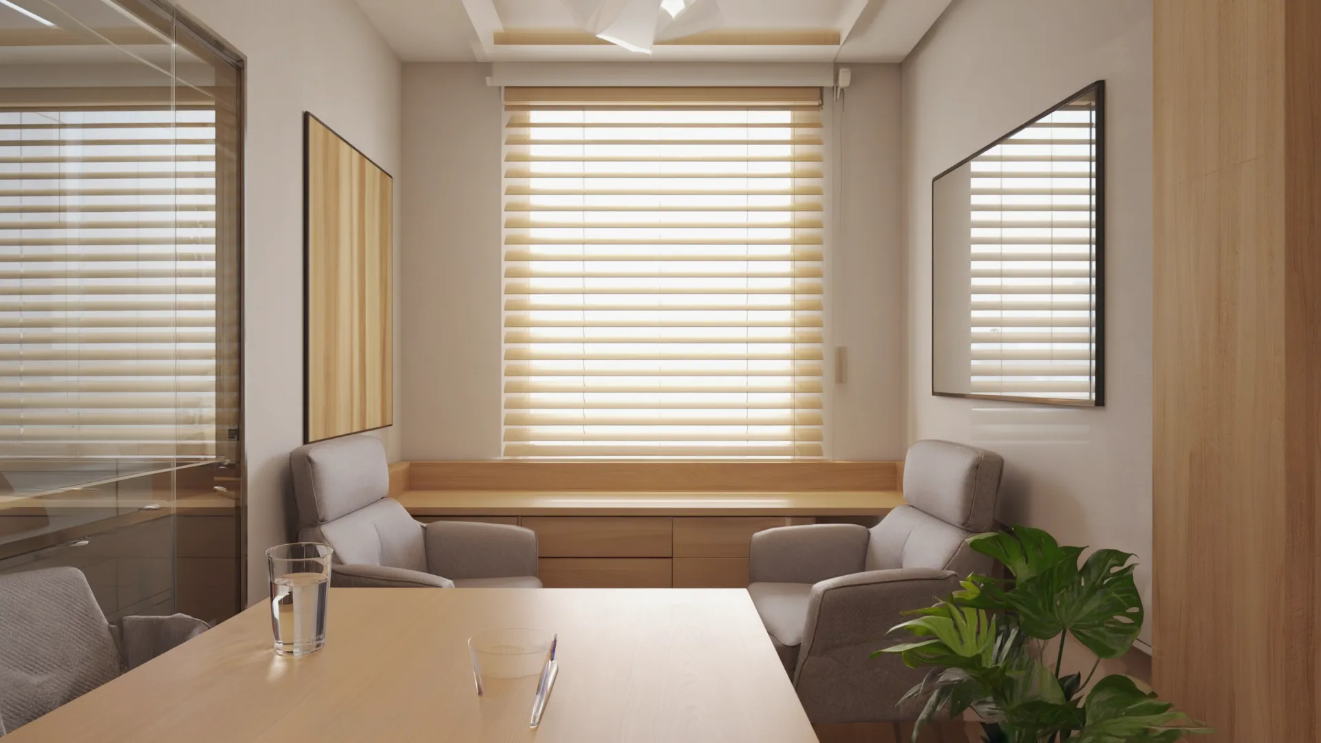 A consultation room A calm consulting room with two upholstered chairs facing a wooden desk and a leafy plant