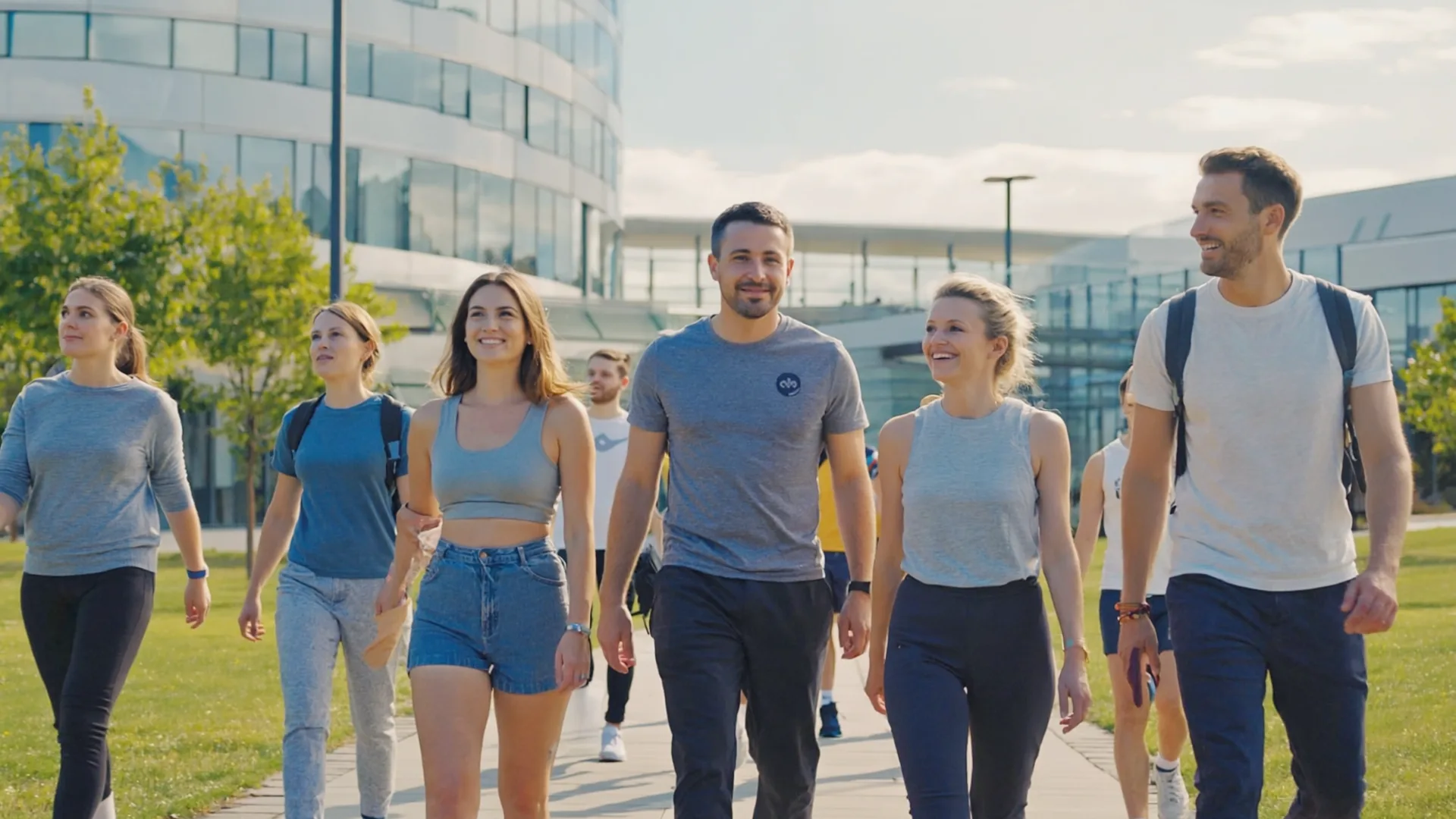 A diverse group of people enjoying an active outdoor walk together