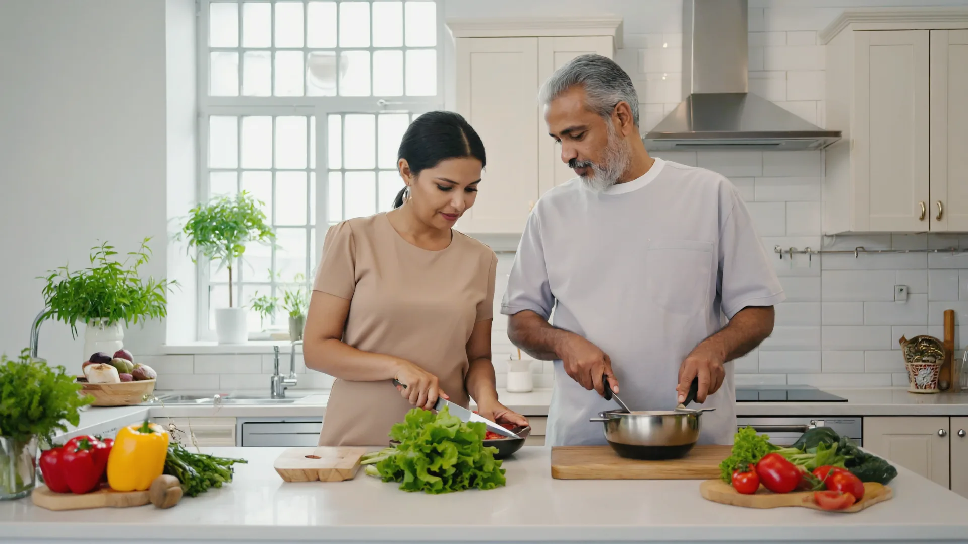 A couple cooking a healthy balanced meal together