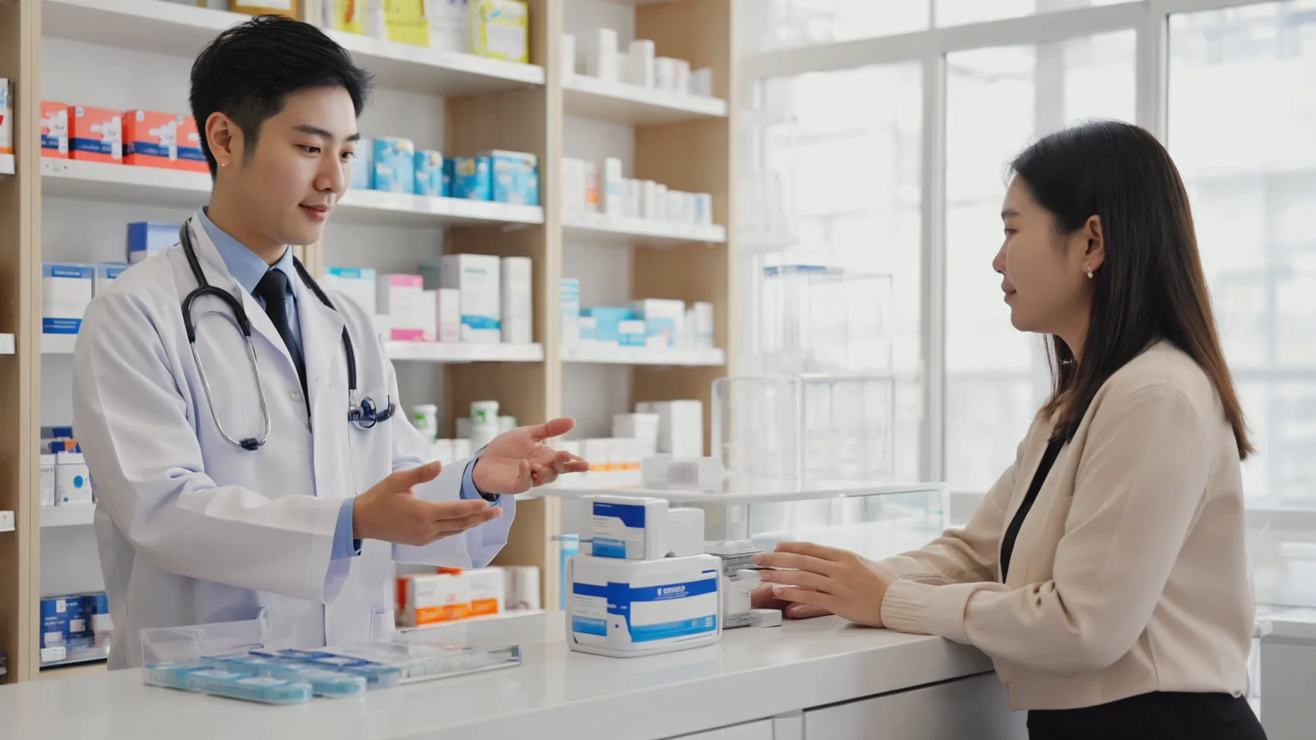 A pharmacist explaining GLP-1 medication to a patient at the pharmacy counter
