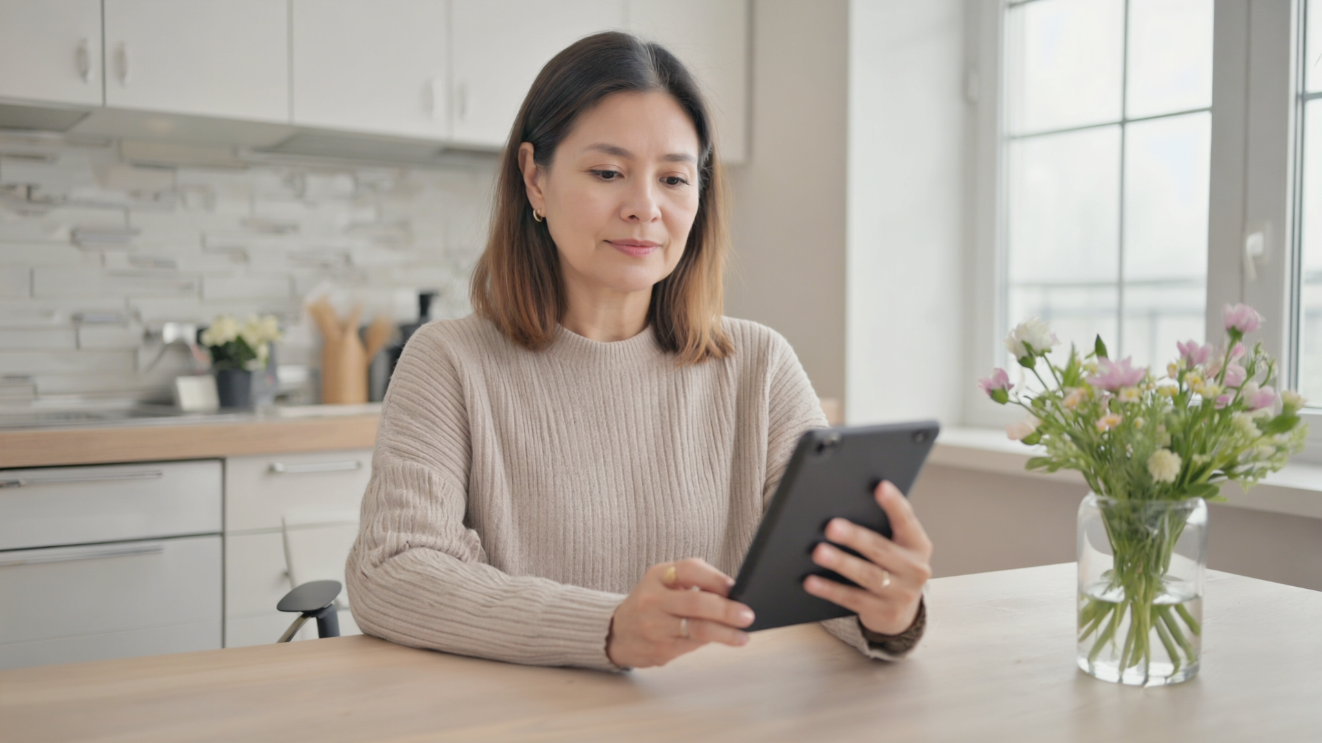 A woman having a relaxed online doctor consultation on a tablet at home