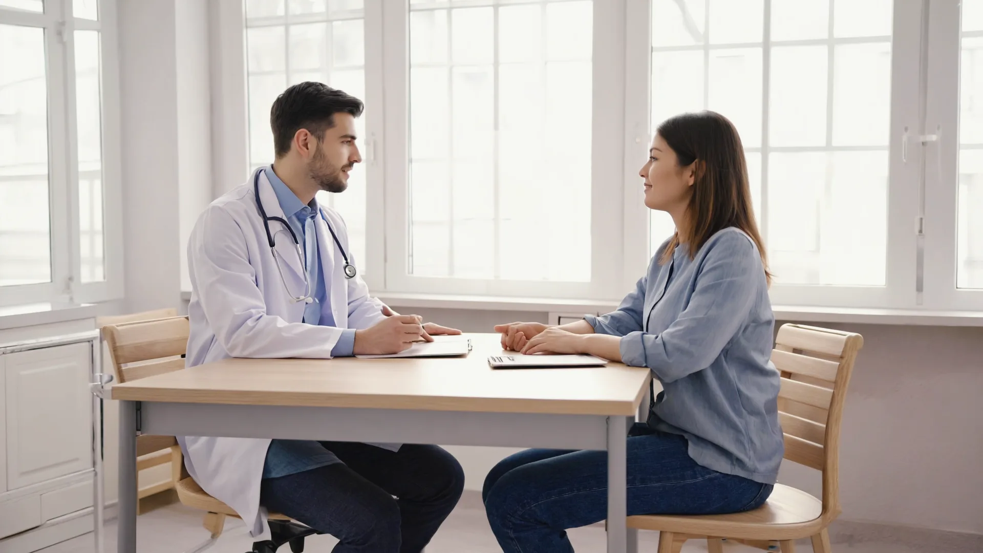An Irish doctor discussing a weight-loss treatment plan with a patient in a bright consultation room