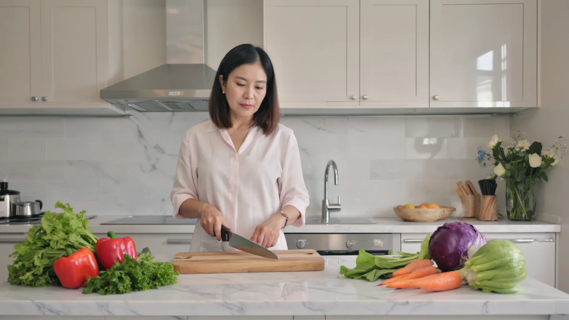 A woman preparing a healthy balanced vegetable-forward meal in a bright kitchen